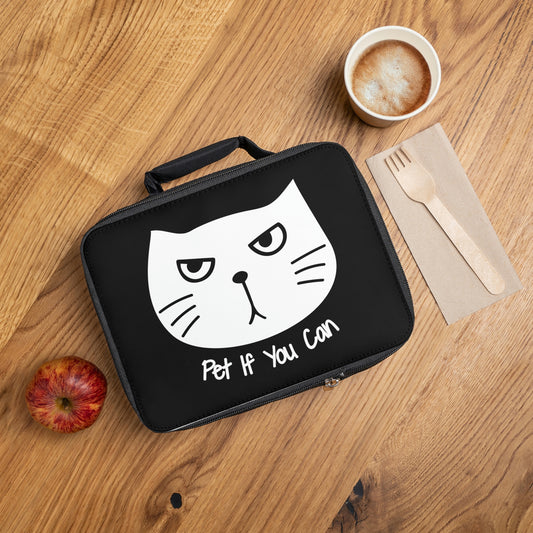 at says Pet if you can black Lunch Bag, funny cat lunch tote, cute cat kawaii lunch bag, sarcastic cat lunch tote, crazy cat lady lunch bag