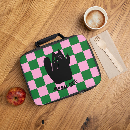 Funny cat lunch bag, sarcastic cat lunch bag, Black Cat pointing middle finger and says meow off lunch box, Fuck you cat lover gift
