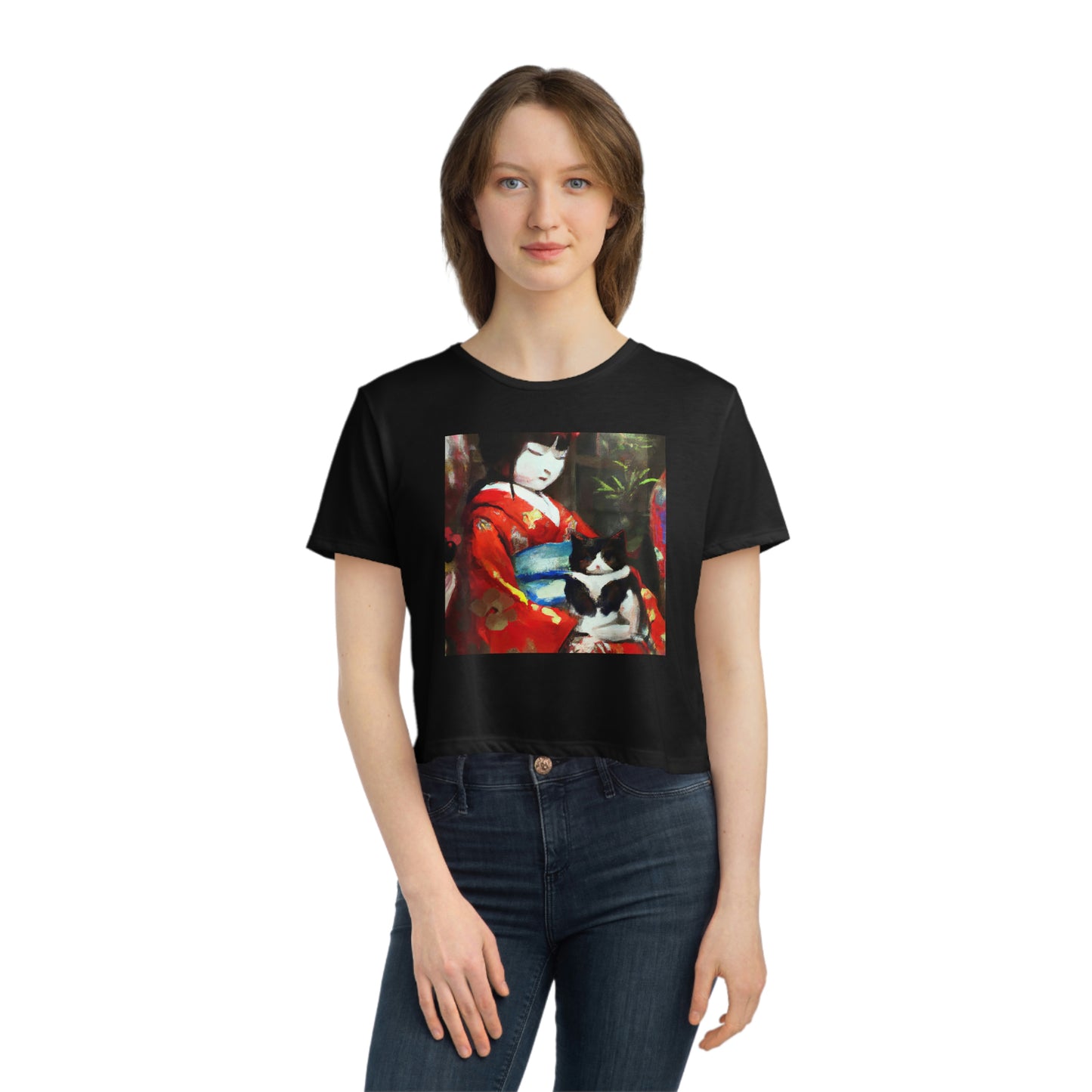 Geisha and cat Women's Flowy Cropped Tee