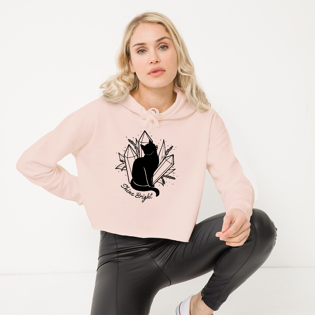 Witchy Crystals and Cat Women's Crop Hoodie, Black Cat Familiar Hoodie, Celestial Mystical Cropped Hoodie, Cute Whimsical Crop Pullover