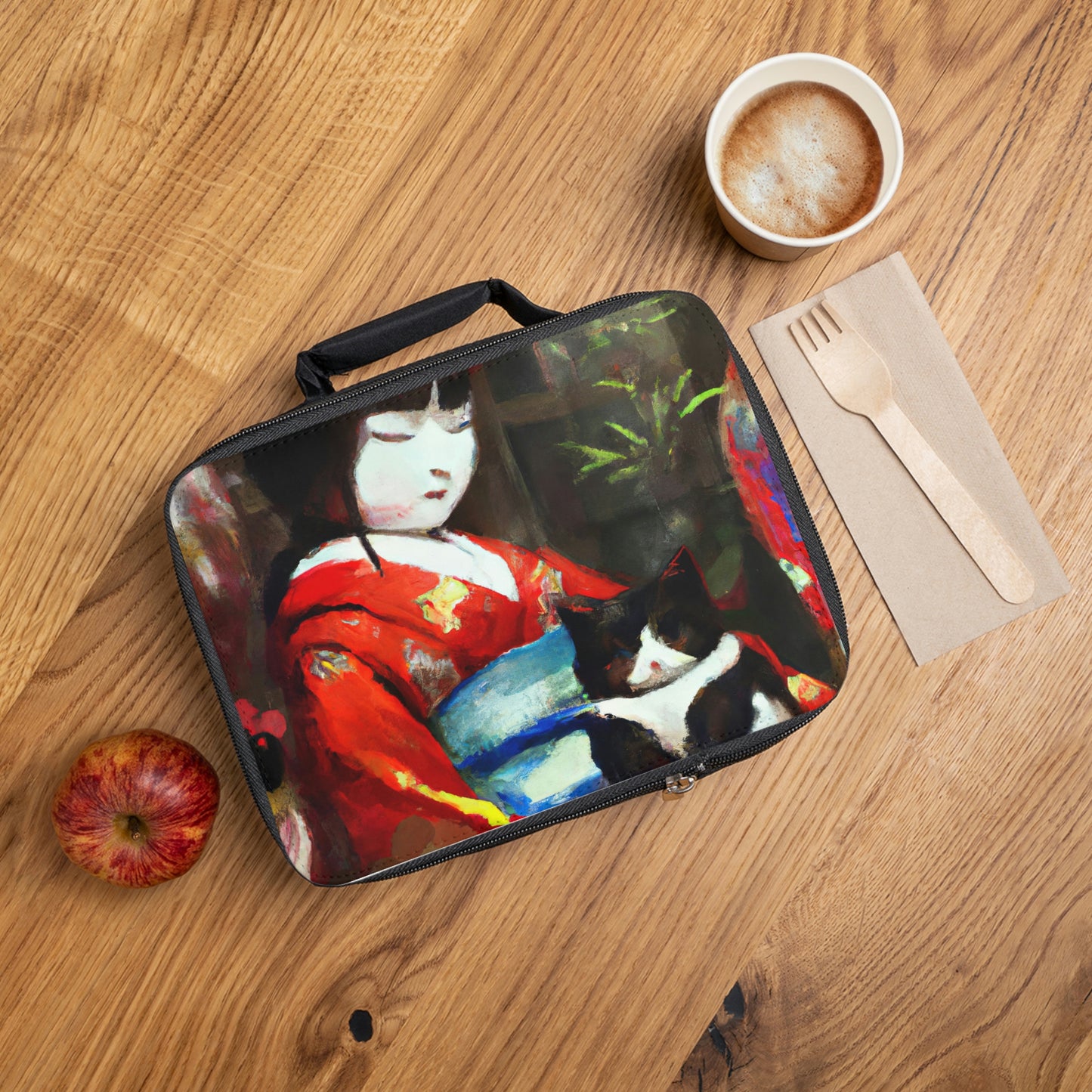Geisha and cat Lunch Bag, maiko and cat lunch bag, Japanese feudal art lunch bag, back to school gift, Asian-inspired art lunch bag