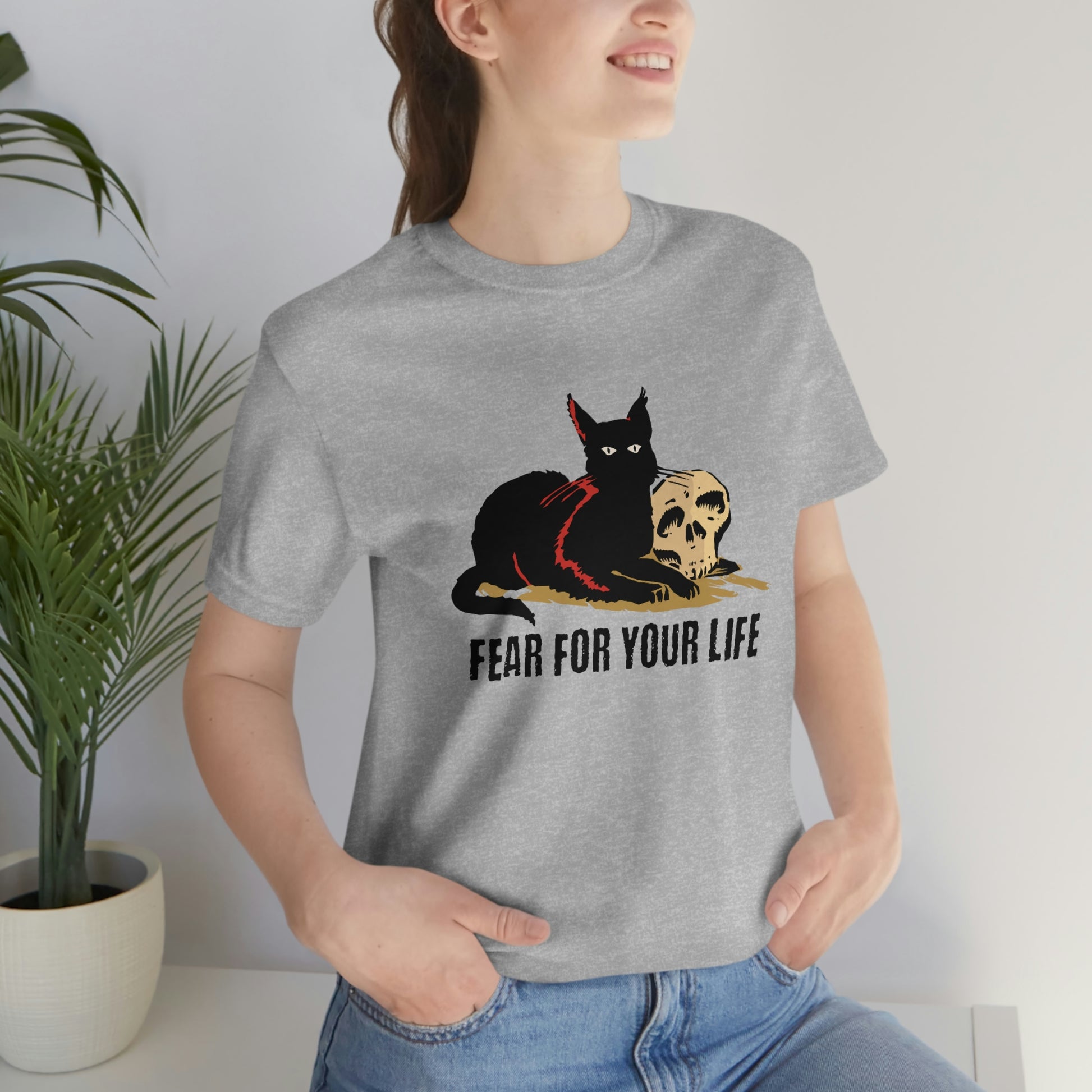 Black cat says fear for your life t shirt, funny black cat shirt, sarcastic cat tshirt, creepy cat tee, Spooky shirt, funny cat themed shirt