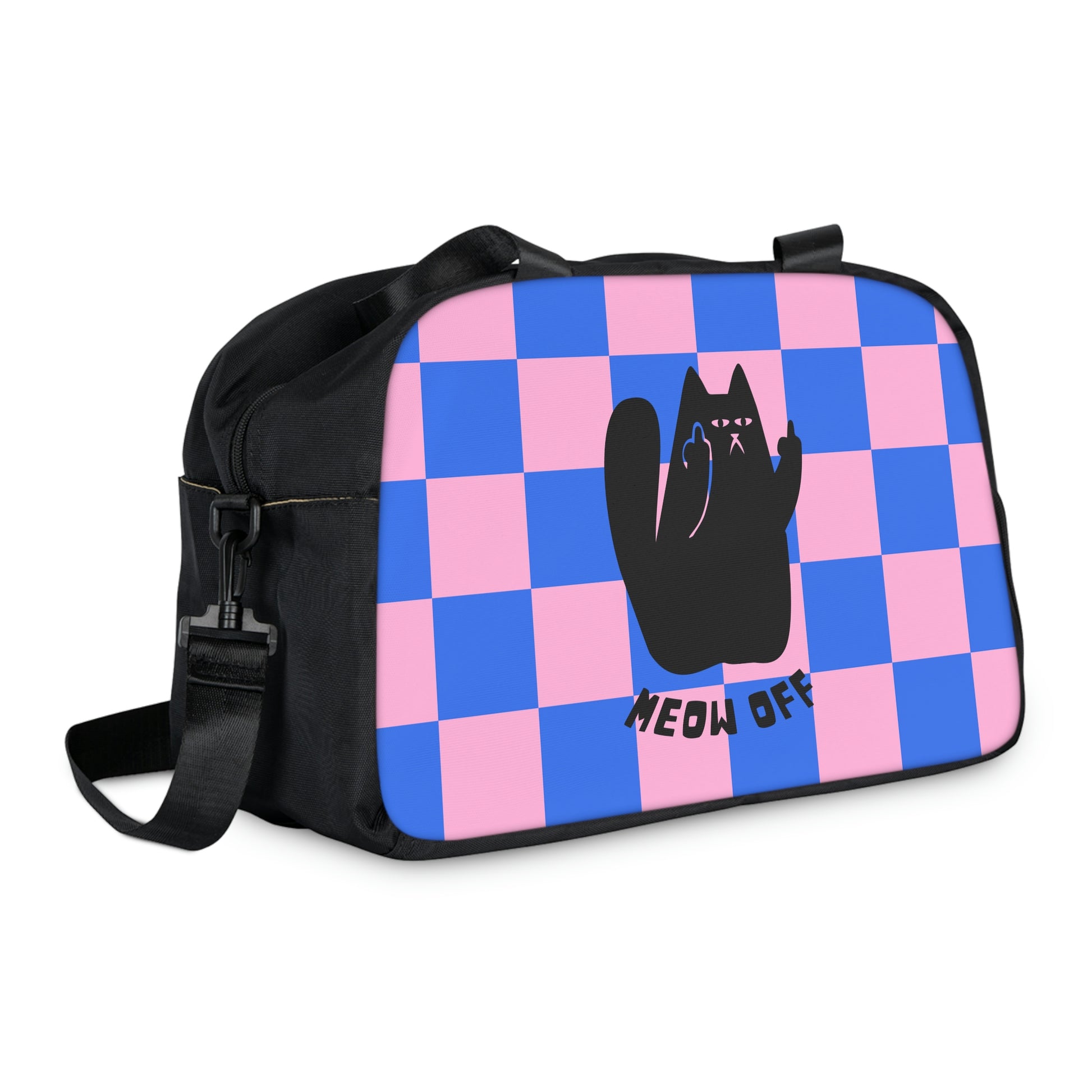 Checkered Funny cat Fitness Handbag, Black Cat middle finger workout bag, cute cat gym bag, cat lover gift ,kawaii yoga bag, sport bag