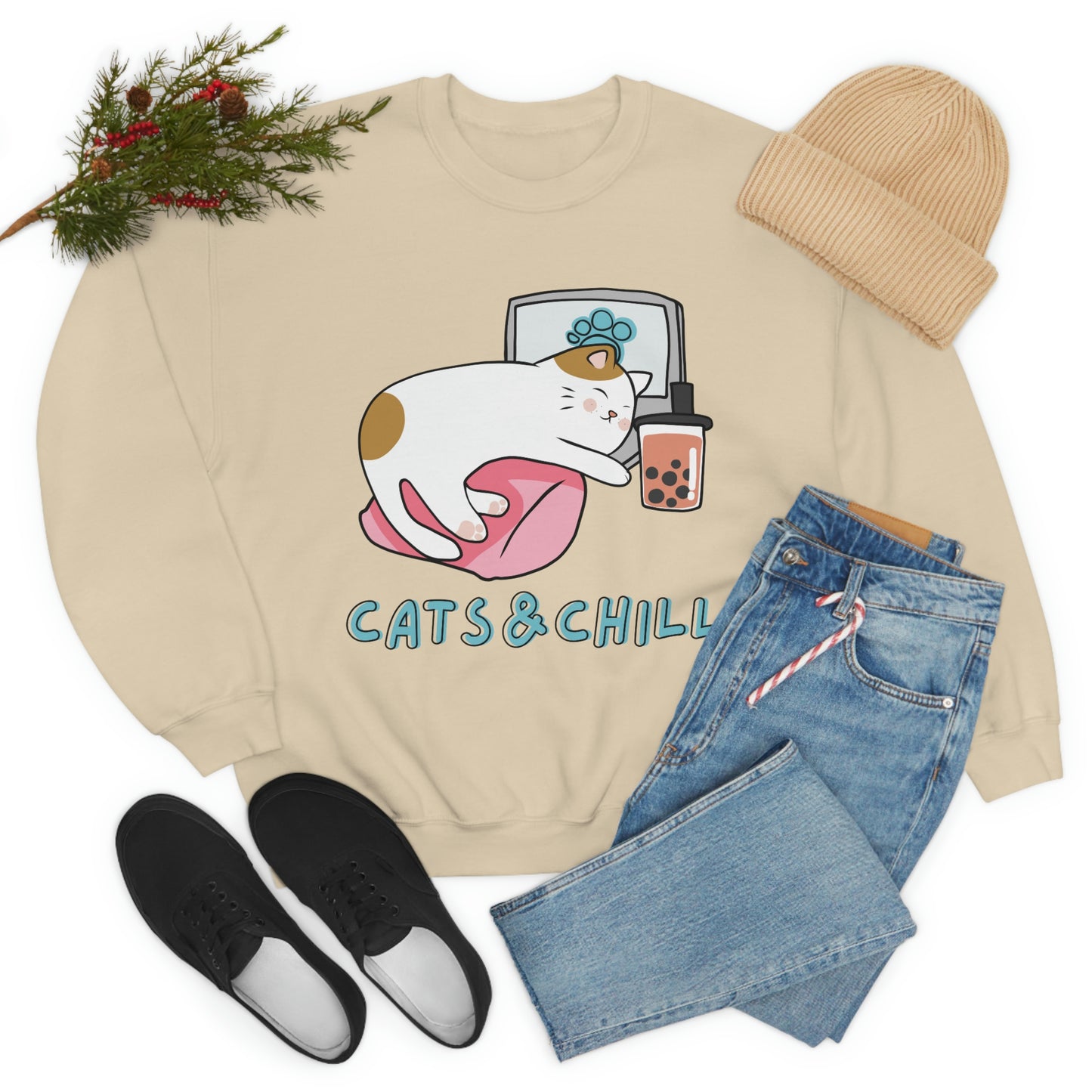 Cats and chill Crewneck Sweatshirt, cat lover gift, funny cat sweater, crazy cat lady jumper, cat owner gift, cat mom pullover cute cat gift