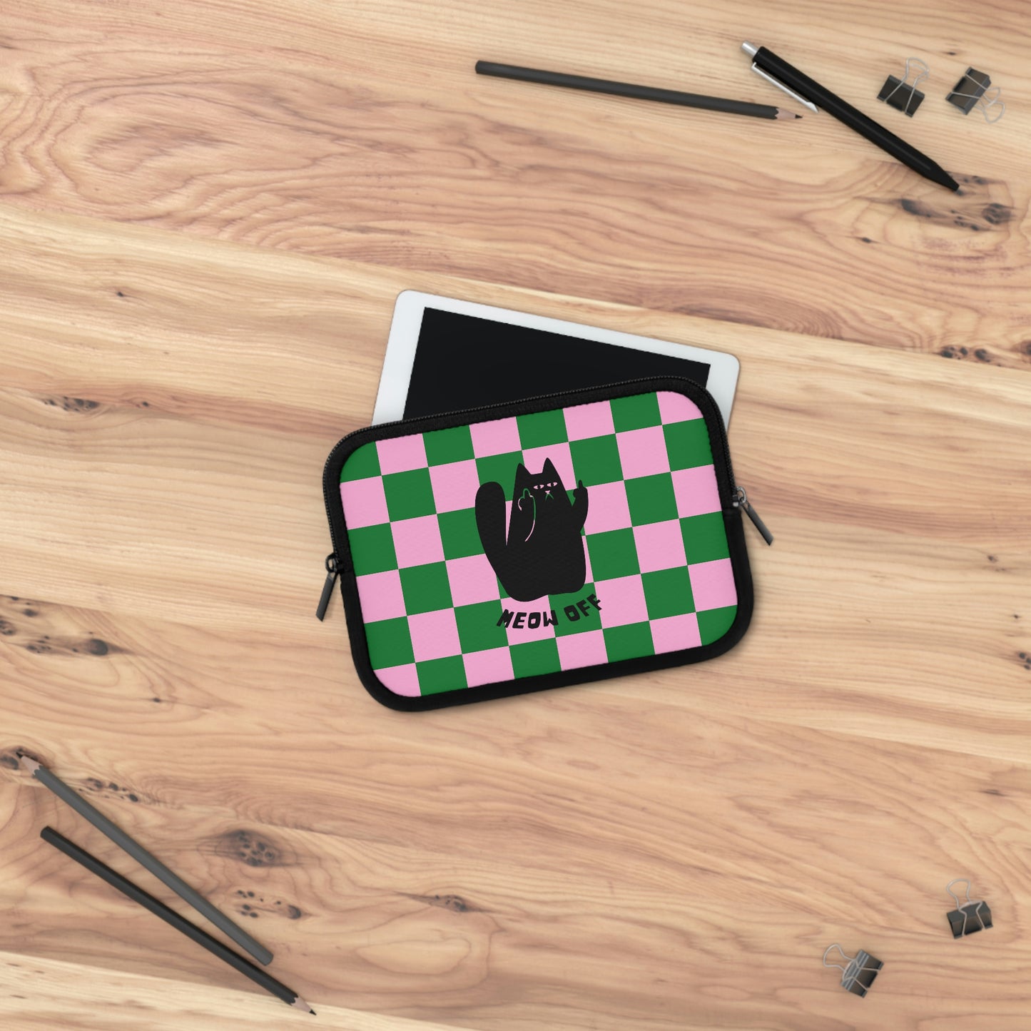 Checkered Funny Black Cat Laptop Sleeve