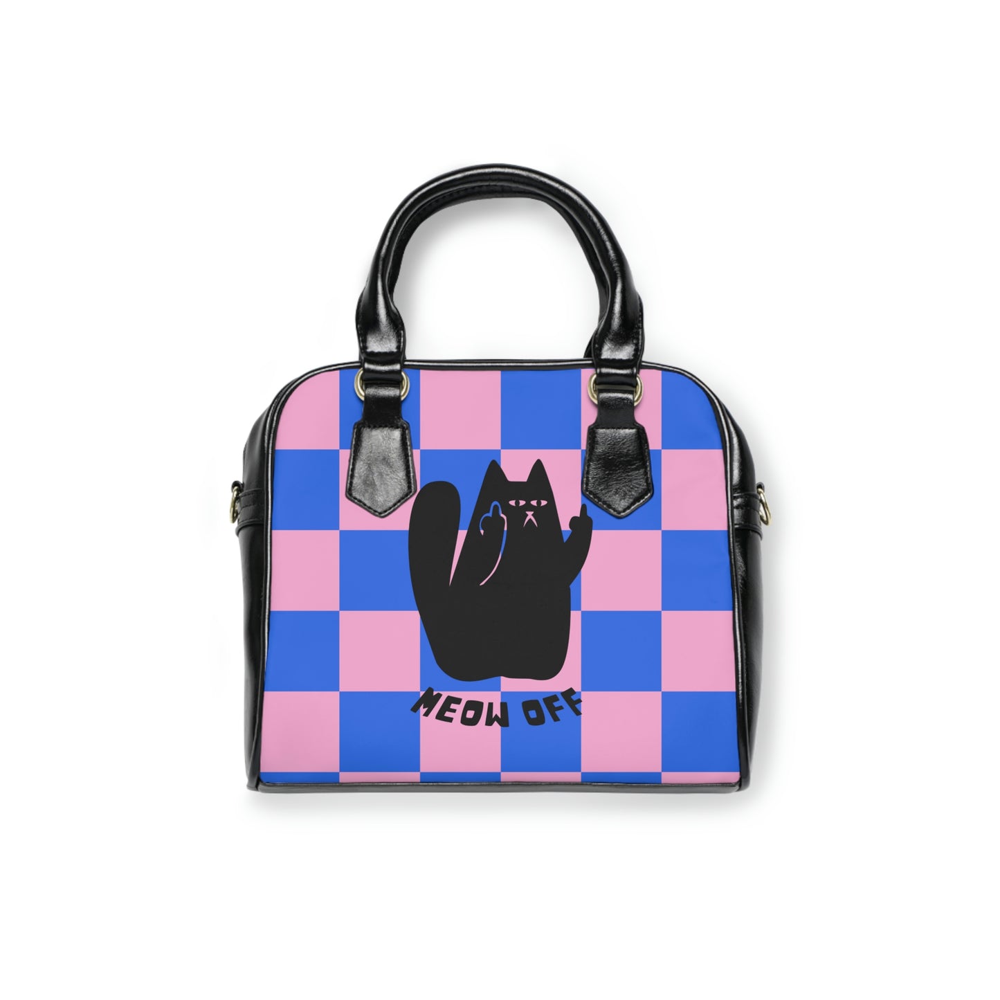 Checked Funny cat Shoulder Handbag, Black Cat middle finger shoulder bag, cat lover gift, cute cat PU leather handbag, cat crossbody bag