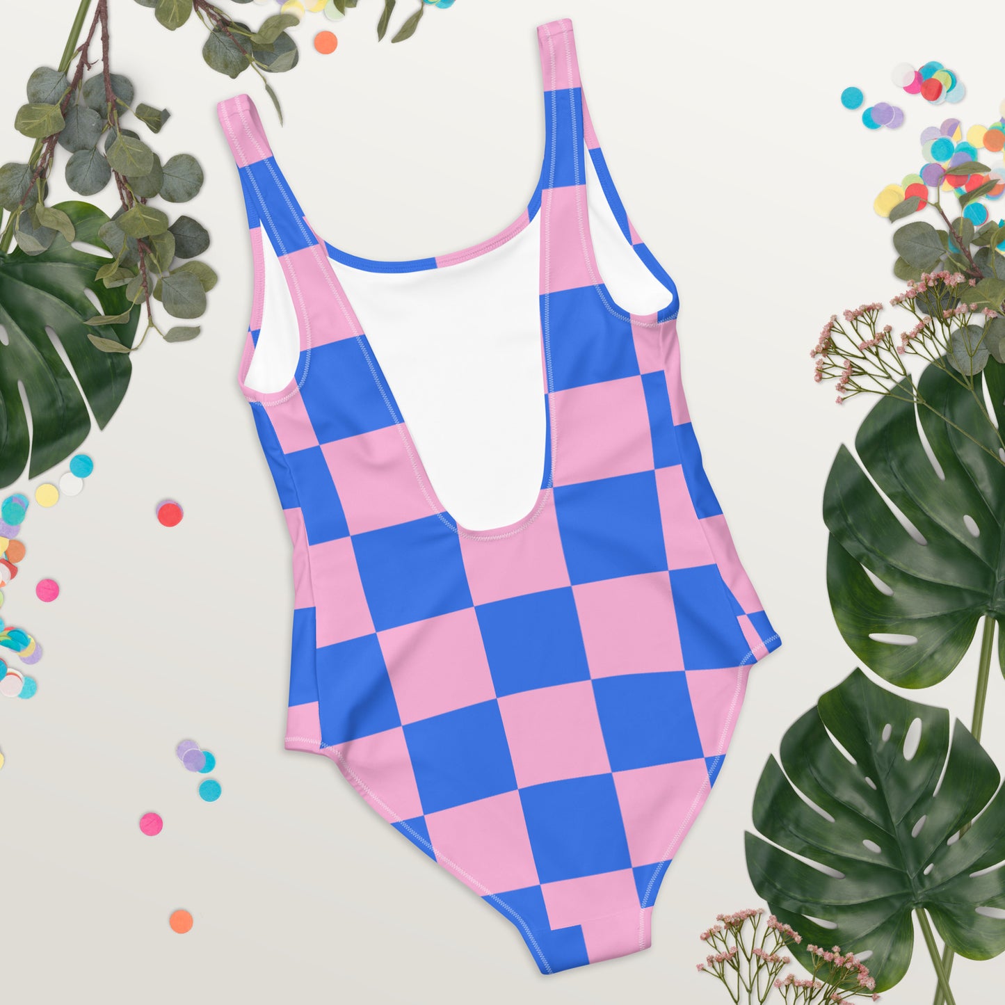 Checkered funny black cat middle finger One-Piece Swimsuit