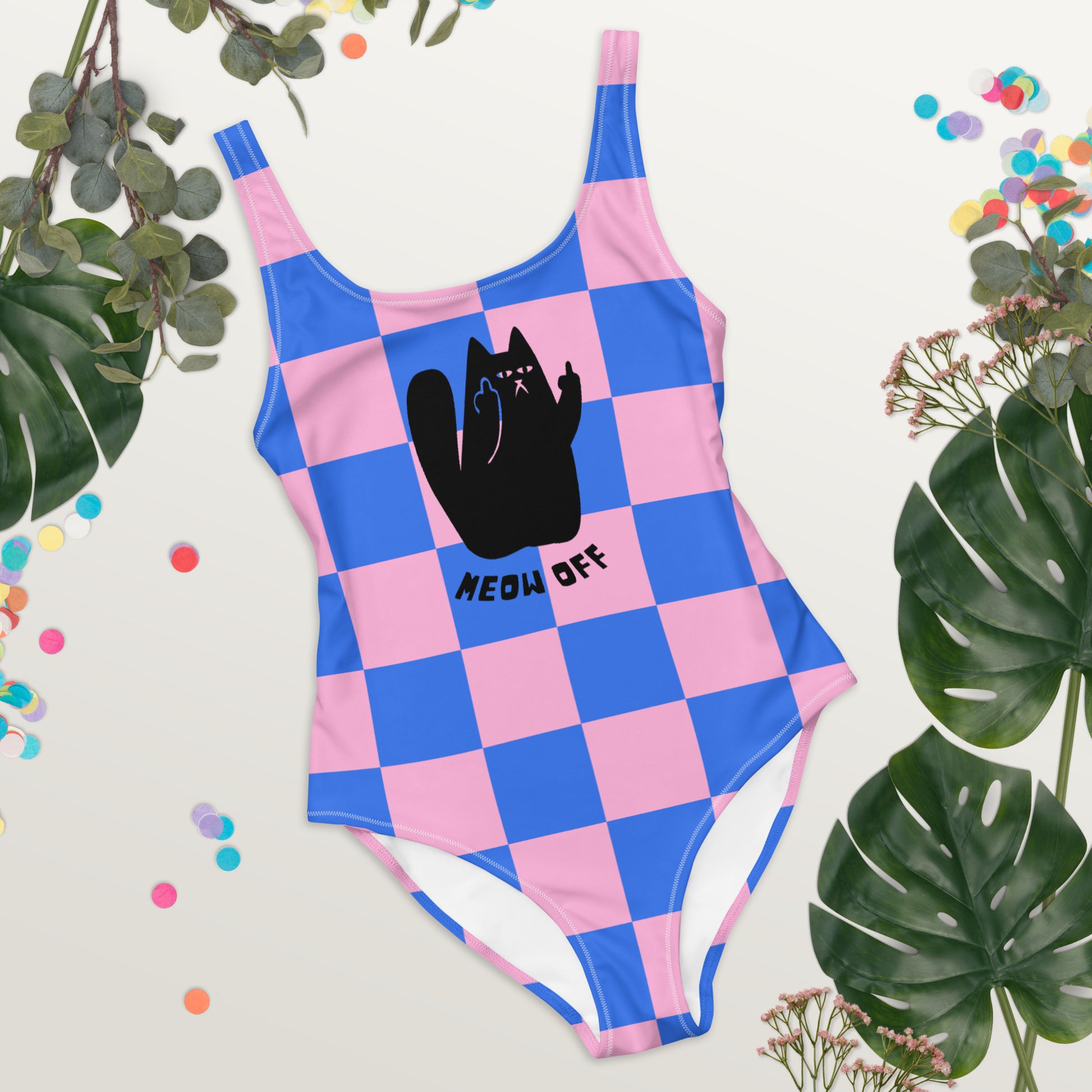 Checkered funny black cat middle finger One-Piece Swimsuit, kawaii swimwear, cute cat swimsuit, cat lover gift, cat mom gift, girly swimwear