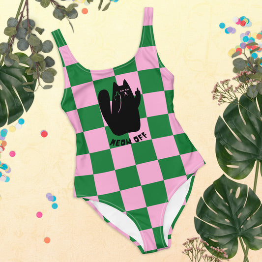 Checkered funny black cat middle finger One-Piece Swimsuit, cute swimsuit, kawaii swimwear, Trendy Swimsuit, cat lover gift, cat mom gift