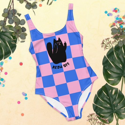 Checkered funny black cat middle finger One-Piece Swimsuit, kawaii swimwear, cute cat swimsuit, cat lover gift, cat mom gift, girly swimwear