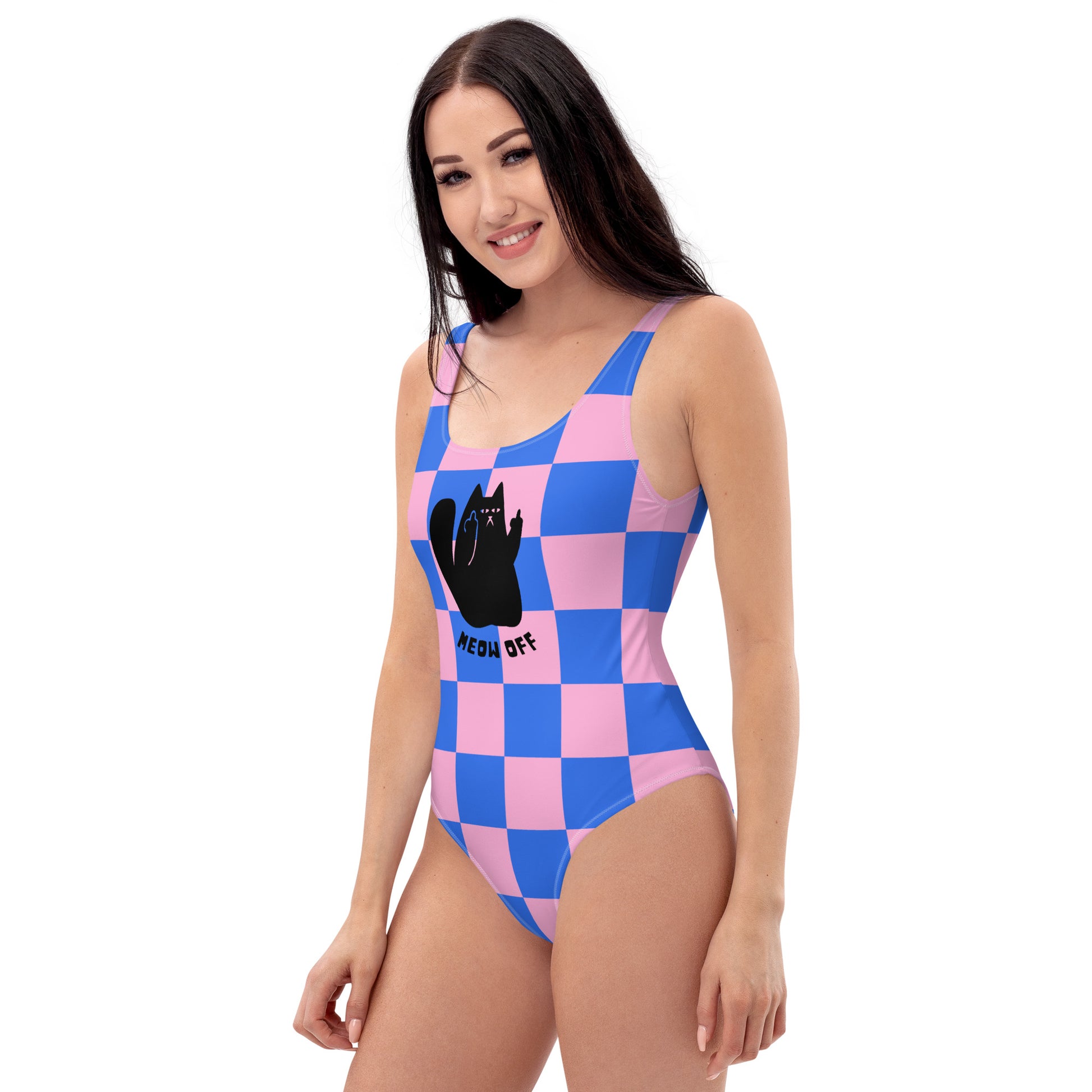 Checkered funny black cat middle finger One-Piece Swimsuit, kawaii swimwear, cute cat swimsuit, cat lover gift, cat mom gift, girly swimwear