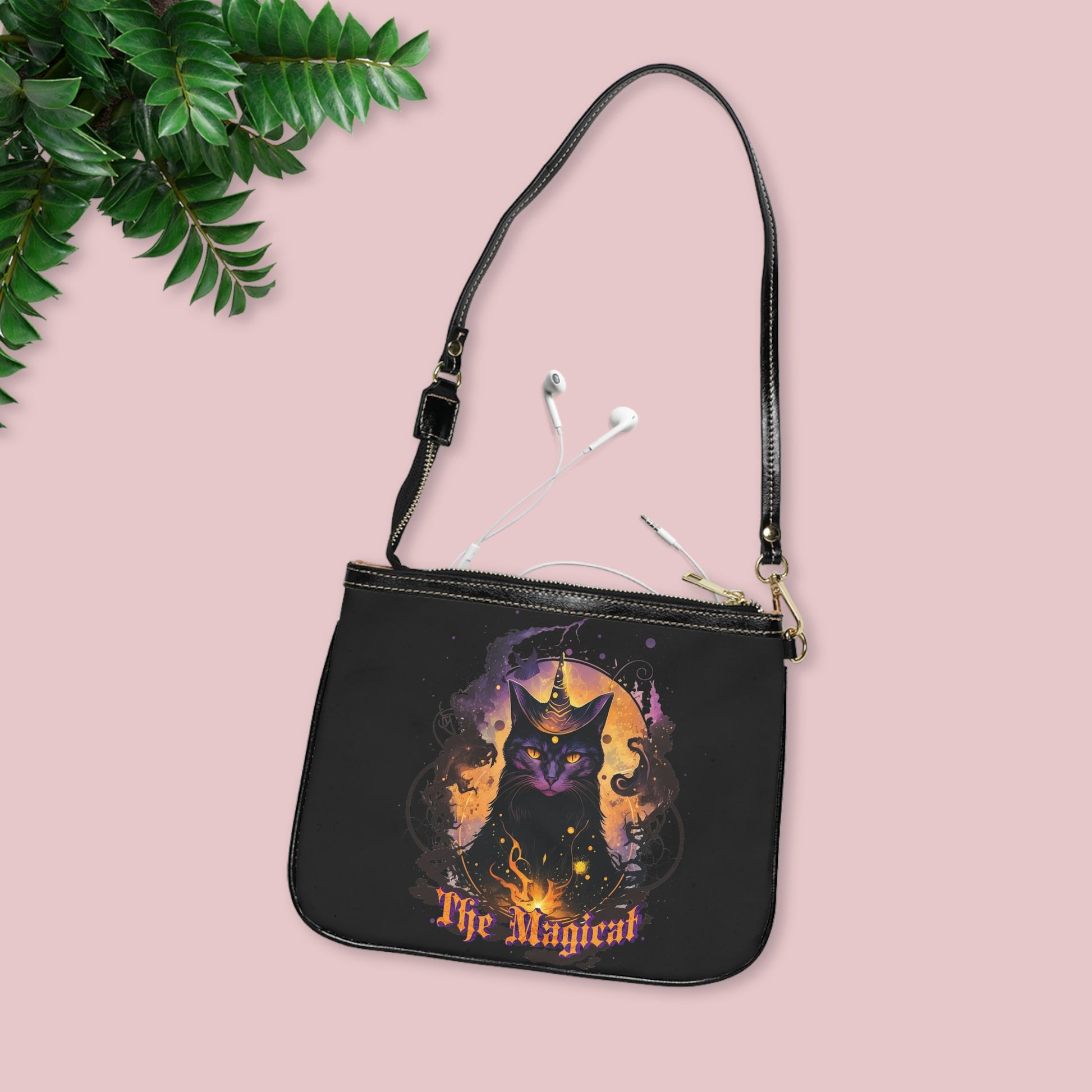 Magical black cat Small Shoulder Bag, witchy cat familiar bag, celestial whimsical bag, fantasy crossbody bag, gothic spiritual mystic bag