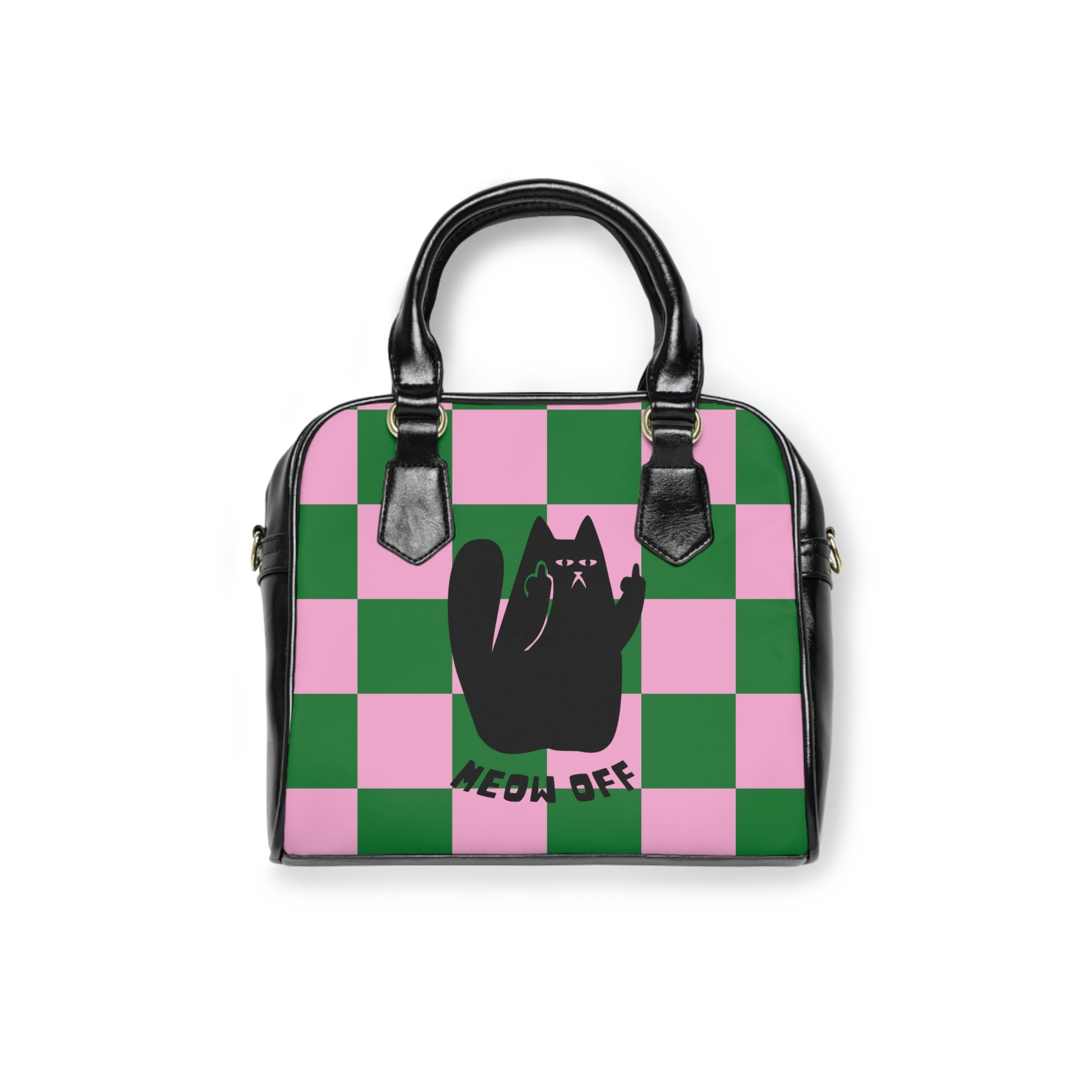 Checkered Funny cat Shoulder Handbag, Black Cat pointing middle finger shoulder bag, cat lover gift, cute PU leather handbag, crossbody bag