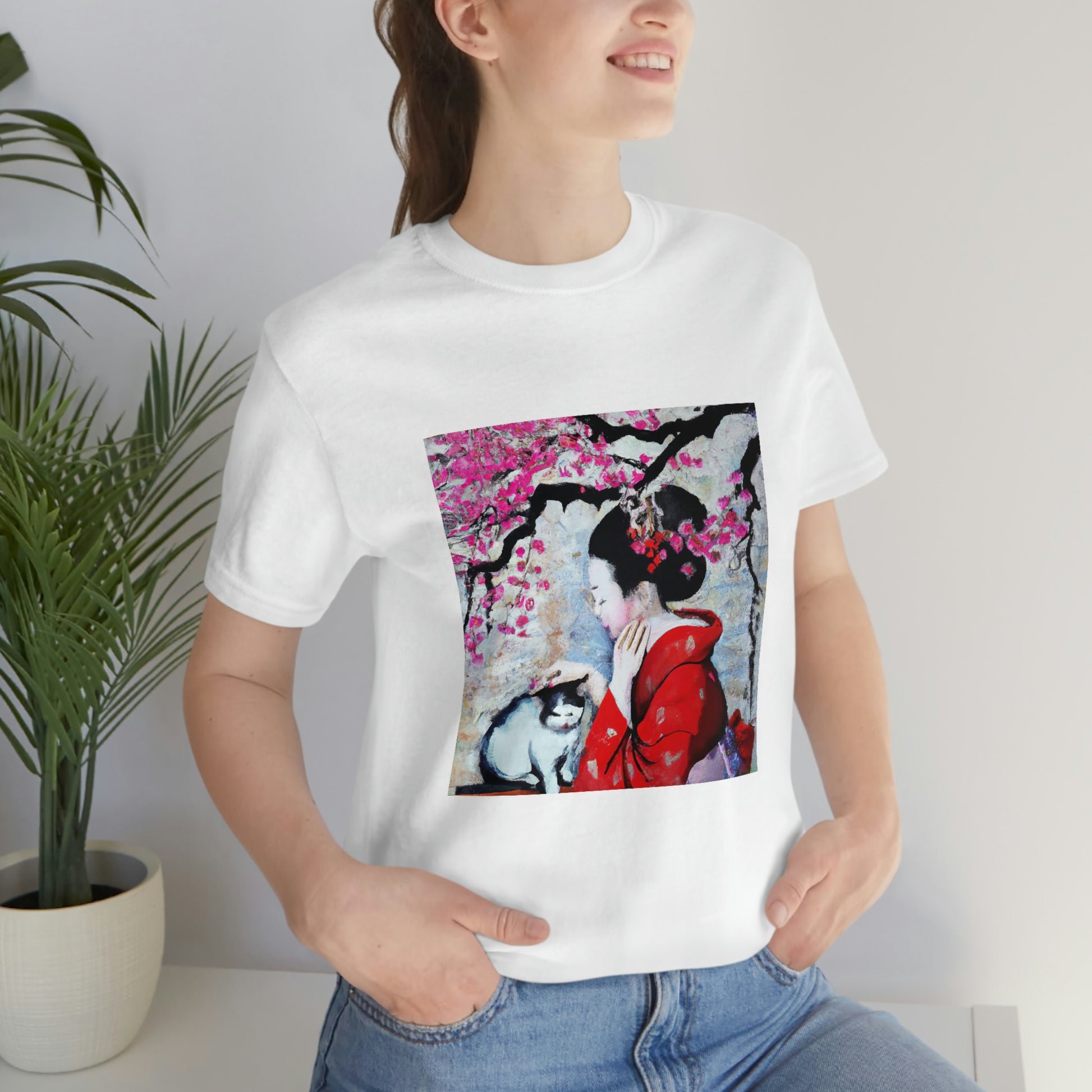 Geisha and a cat T-shirt, art painting maiko and a cat and a sakura tree shirt, Asian-inspired art t shirt, feudal japan tee, cat lover gift