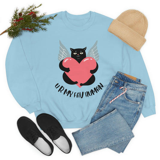 Black cat Valentine's day Crewneck Sweatshirt, cat lover gift, cat owner jumper, anniversary gift, black cat pullover, heart and cat sweater