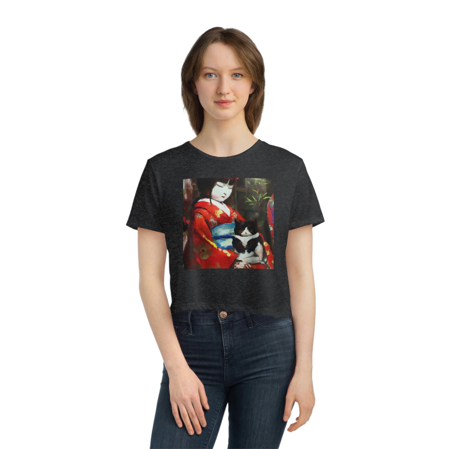Geisha and cat Women's Flowy Cropped Tee