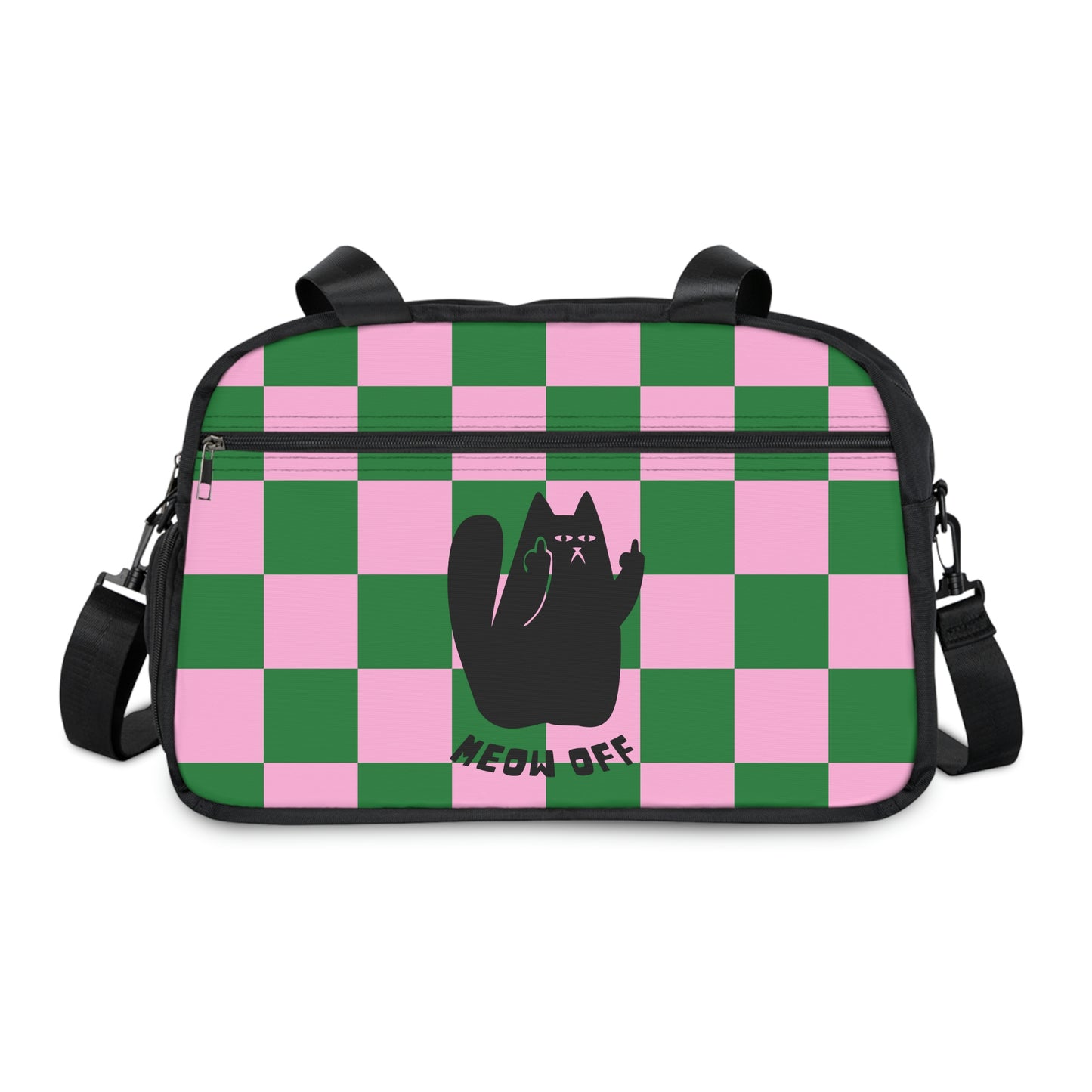 Checkered Cat Pointing Middle Finger Says Meow Off Fitness Handbag