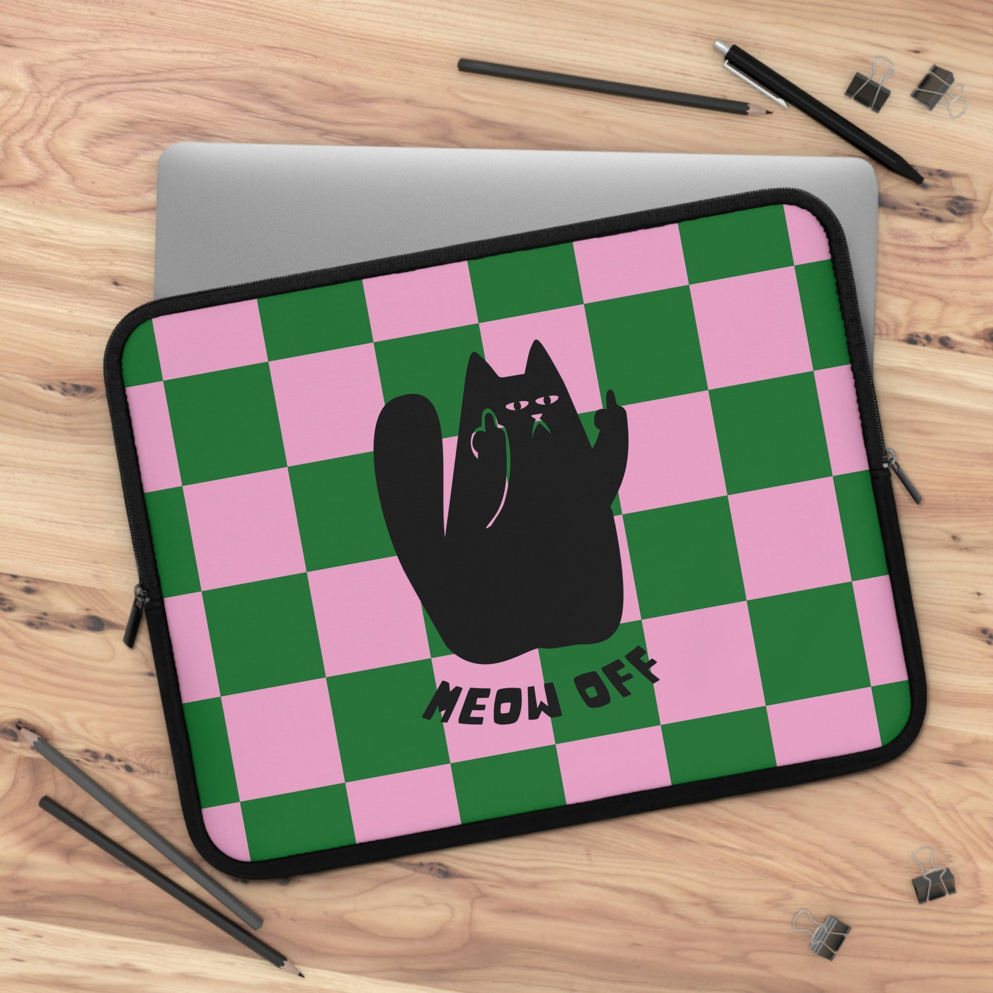 Checkered Funny Black cat Laptop Sleeve, Cat middle finger modern laptop case, pattern laptop cover bag, macbook sleeve, cat lover gift