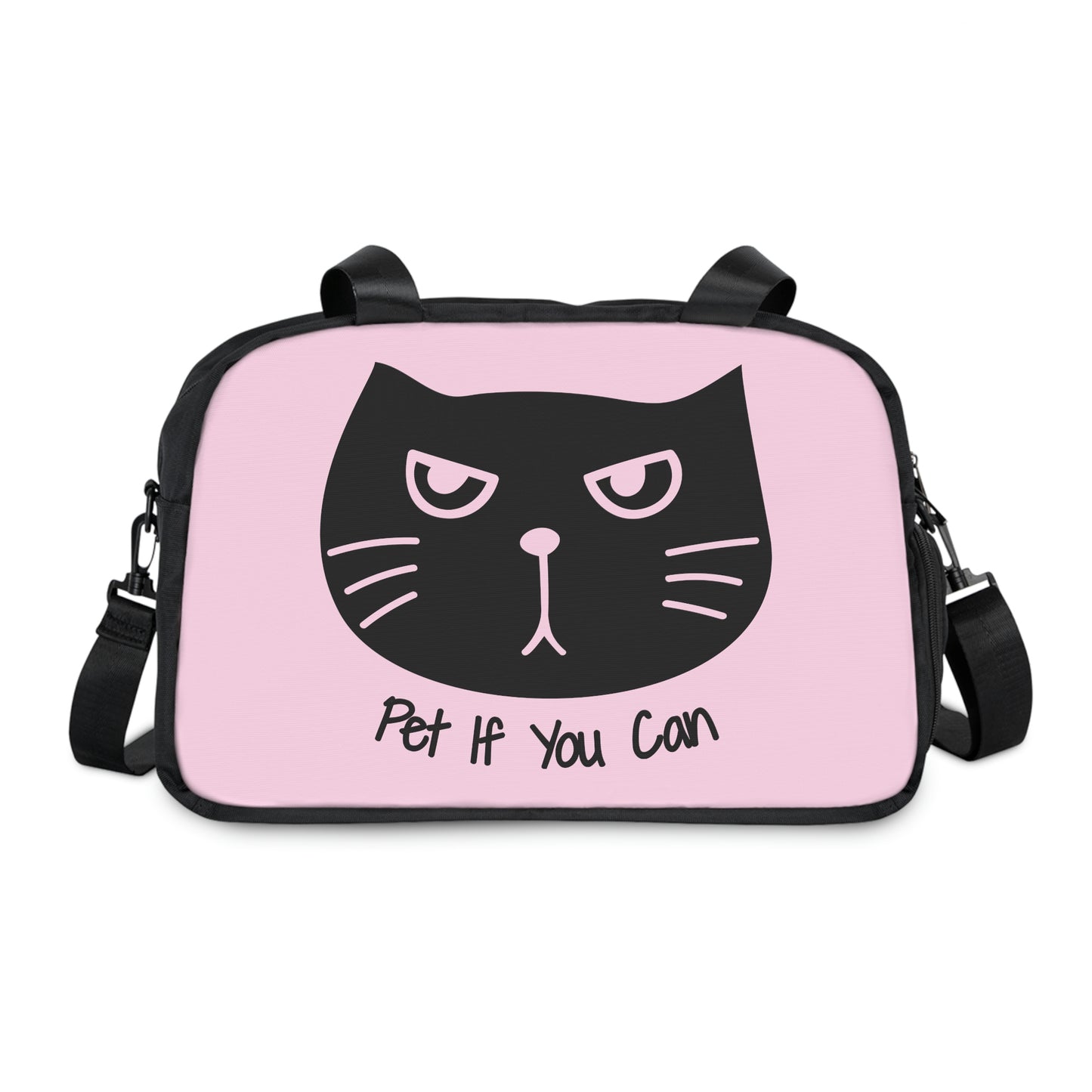 Black cat "Pet If You Can" pink Fitness Handbag, Cat workout bag, gym bag, cat lover gift ,yoga bag, shoulder bag, travel bag, sport bag