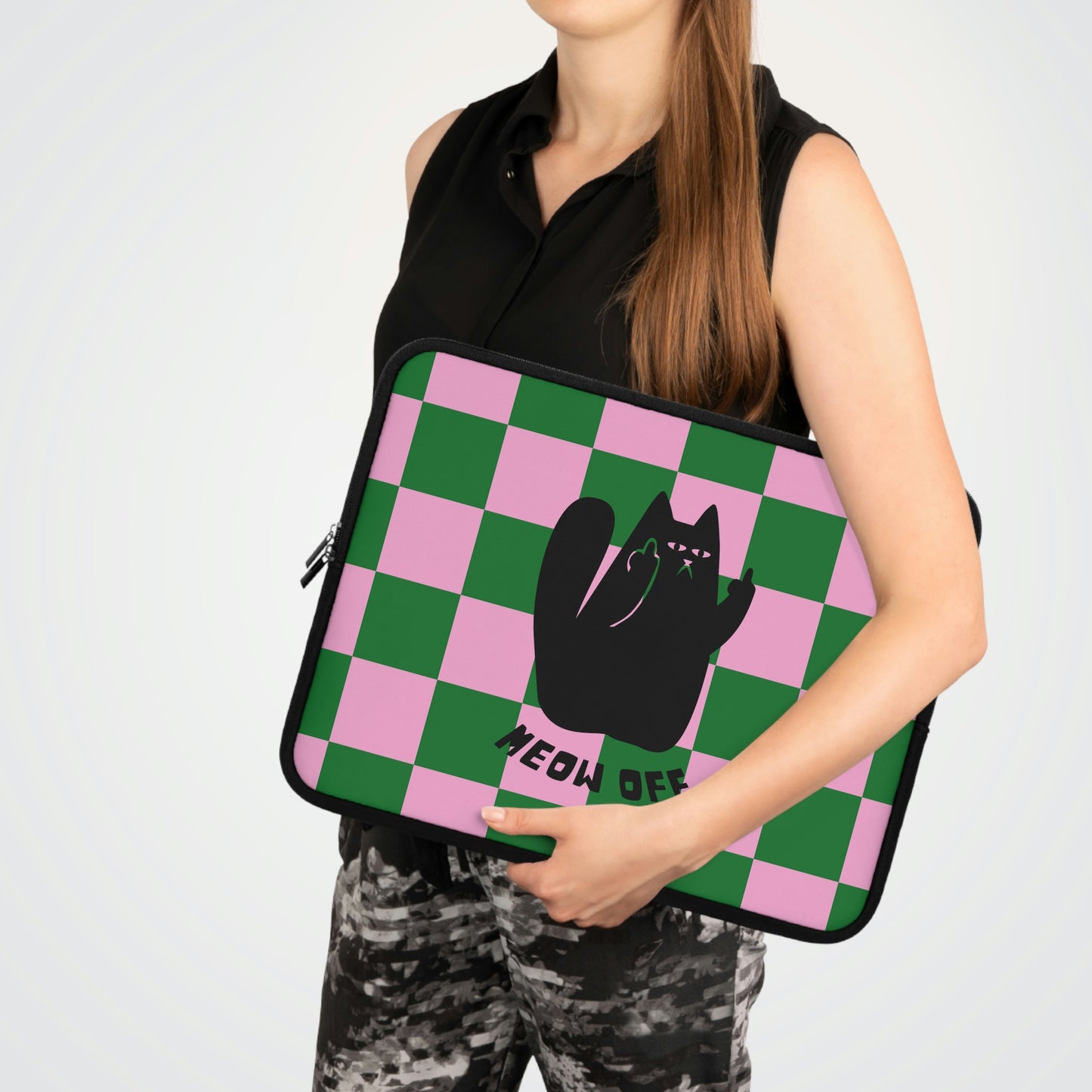 Checkered Funny Black cat Laptop Sleeve, Cat middle finger modern laptop case, pattern laptop cover bag, macbook sleeve, cat lover gift