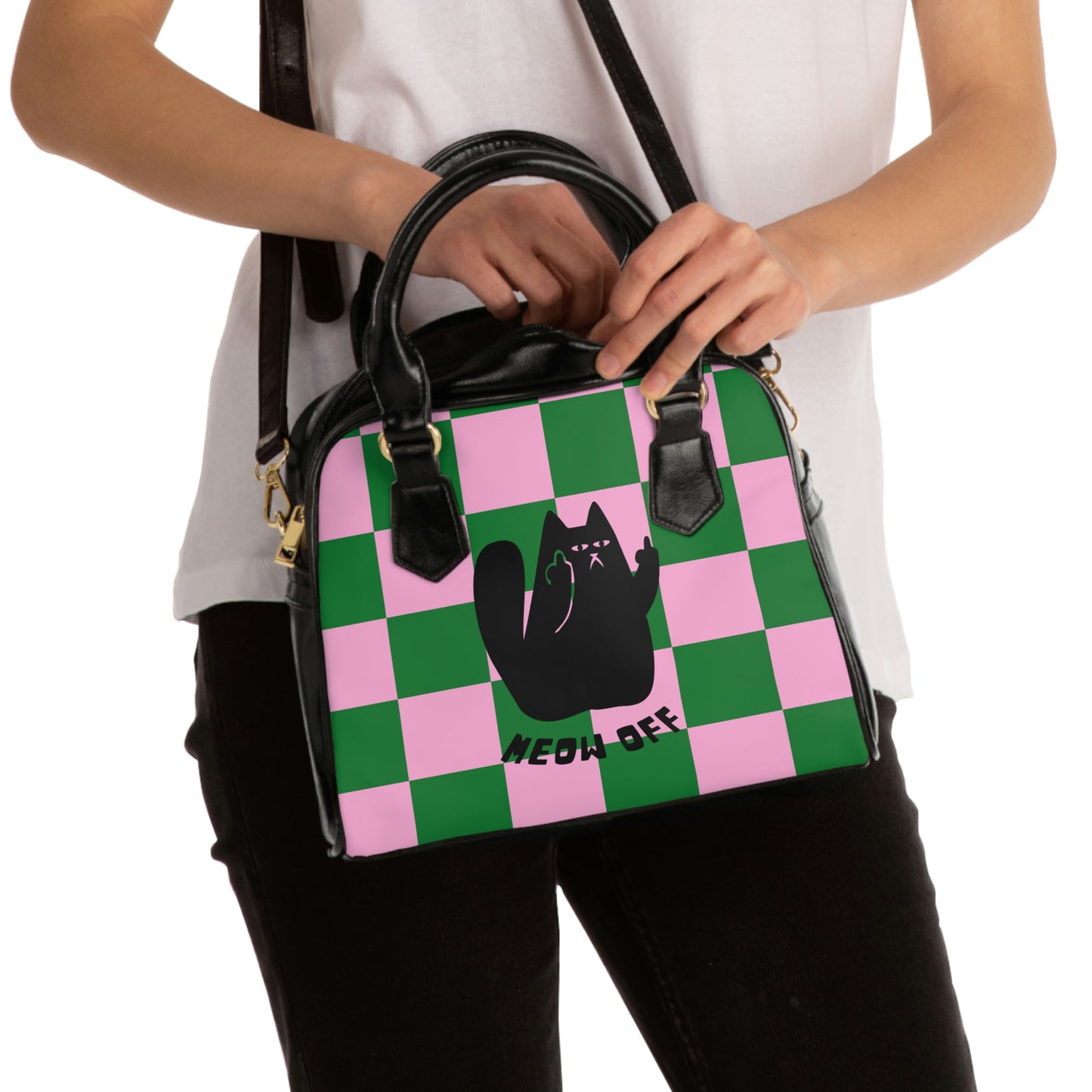 Checkered Funny cat Shoulder Handbag, Black Cat pointing middle finger shoulder bag, cat lover gift, cute PU leather handbag, crossbody bag