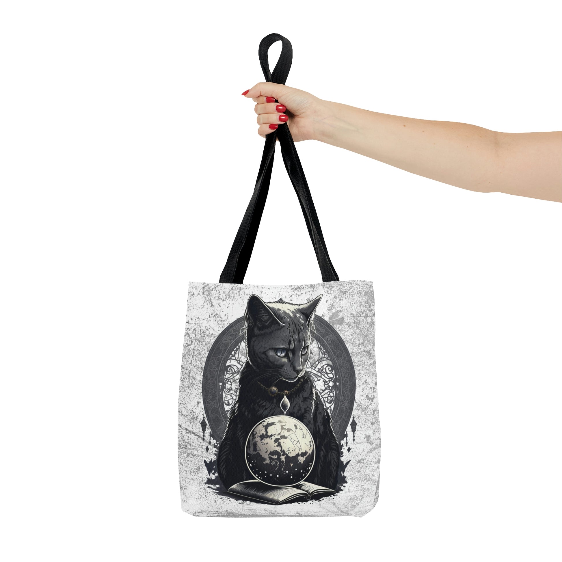 Cosmic Cat Tote Bag, cat magician reusable tote, witchy gothic grocery bag, magical reusable tote, whimsical celestial fantasy shopping bag