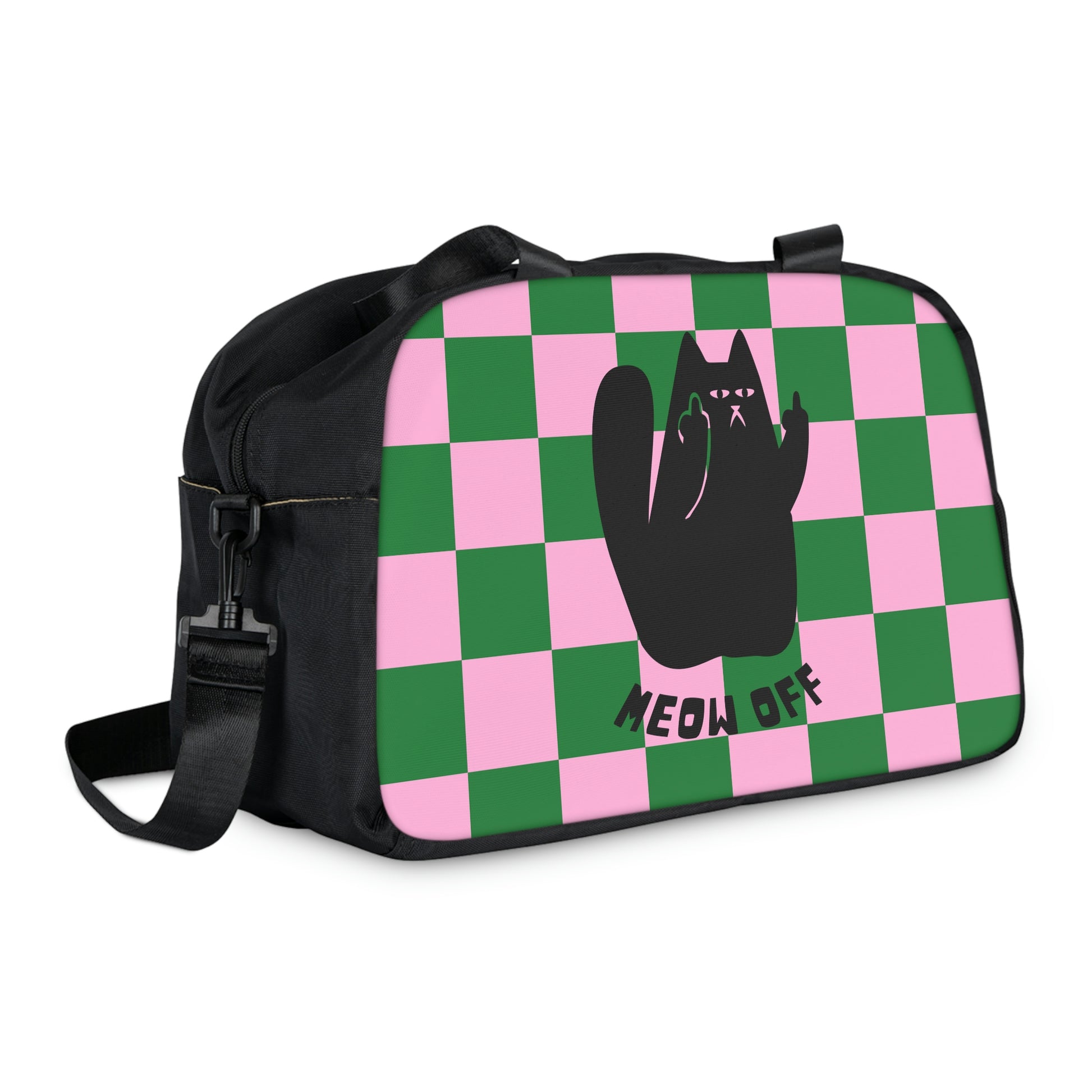 Checkered Funny cat Fitness Handbag, Black Cat pointing middle finger workout bag, gym bag, cat lover gift ,yoga bag, travel bag, sport bag