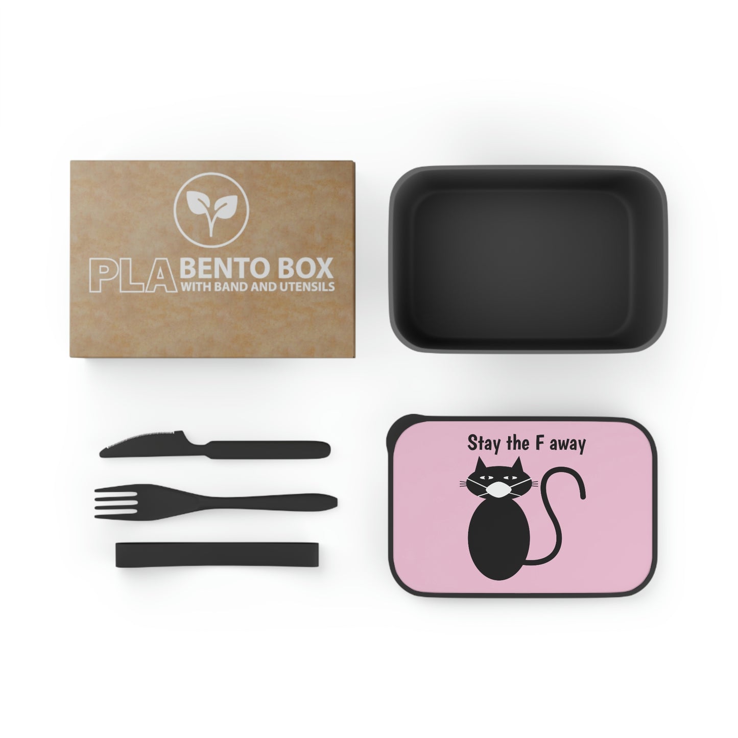 Funny Black cat wearing mask says Stay the F away PLA Lunch Bento Box with Band and Utensils, cute bento box, kawaii bento ,bento bag gift