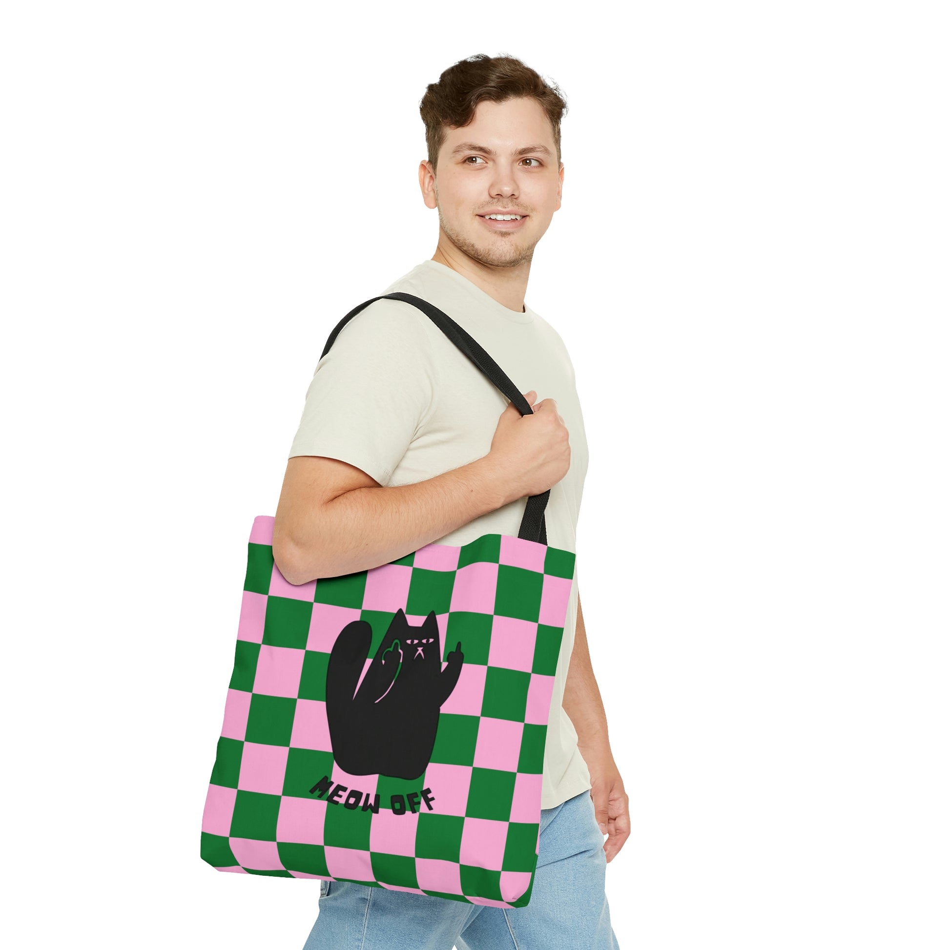 Checkered Funny cat bag, sarcastic cat bag, Black Cat pointing middle finger and says meow off AOP tote bag, Fuck you cat gift