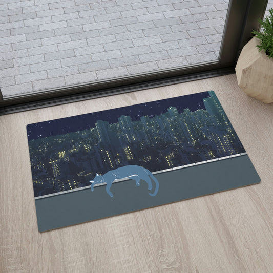 Stray Cat Floor Mat, Urban cat Flooring Mat, cat room décor, cool cat lover gift home décor, Blue Cat in city rug, Street cat art floor mat