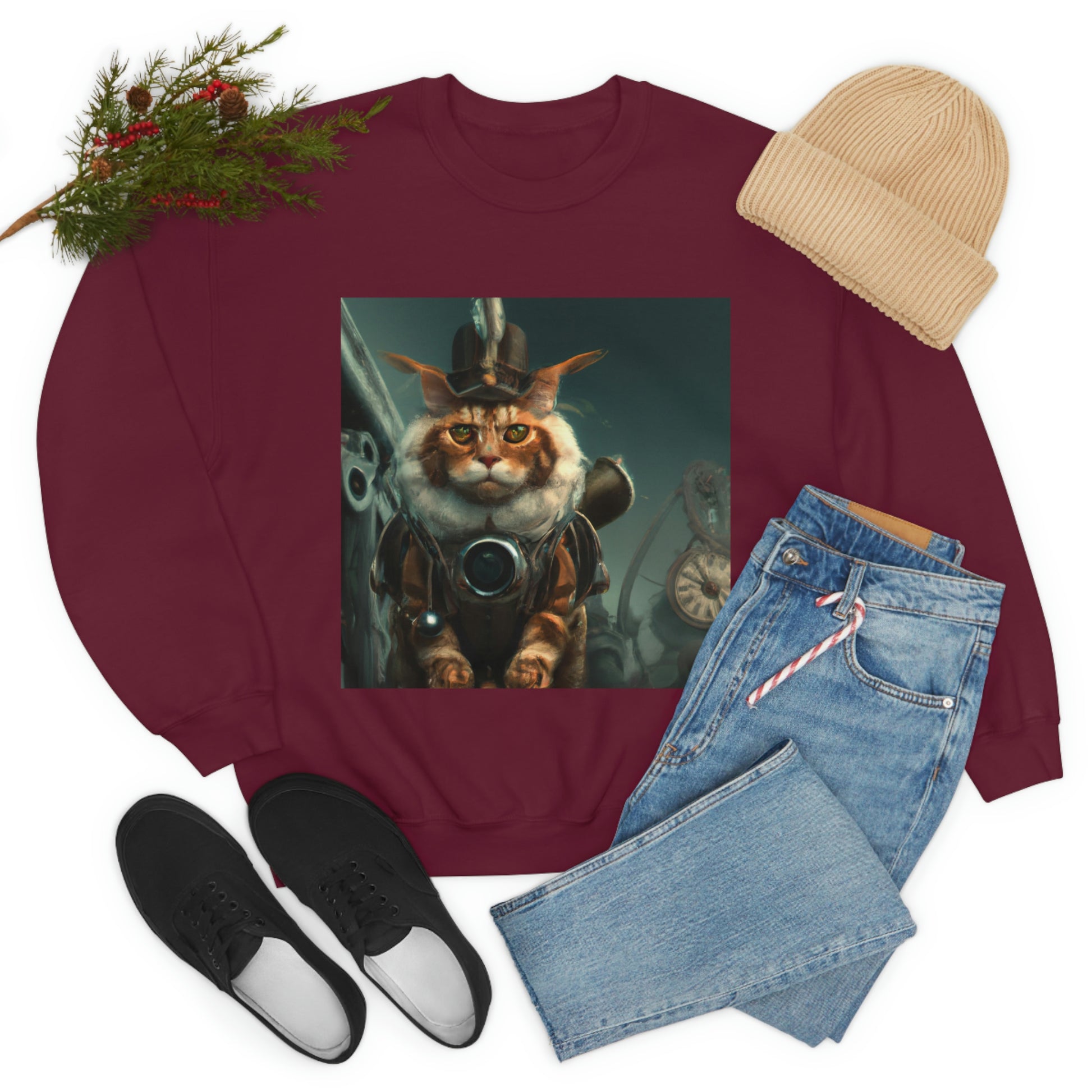 Steampunk Maine Coon cat sweatshirt, Steampunk cat pullover, vintage cat jumper, Victorian cat sweatshirt, cyberpunk Maine Coon cat sweater