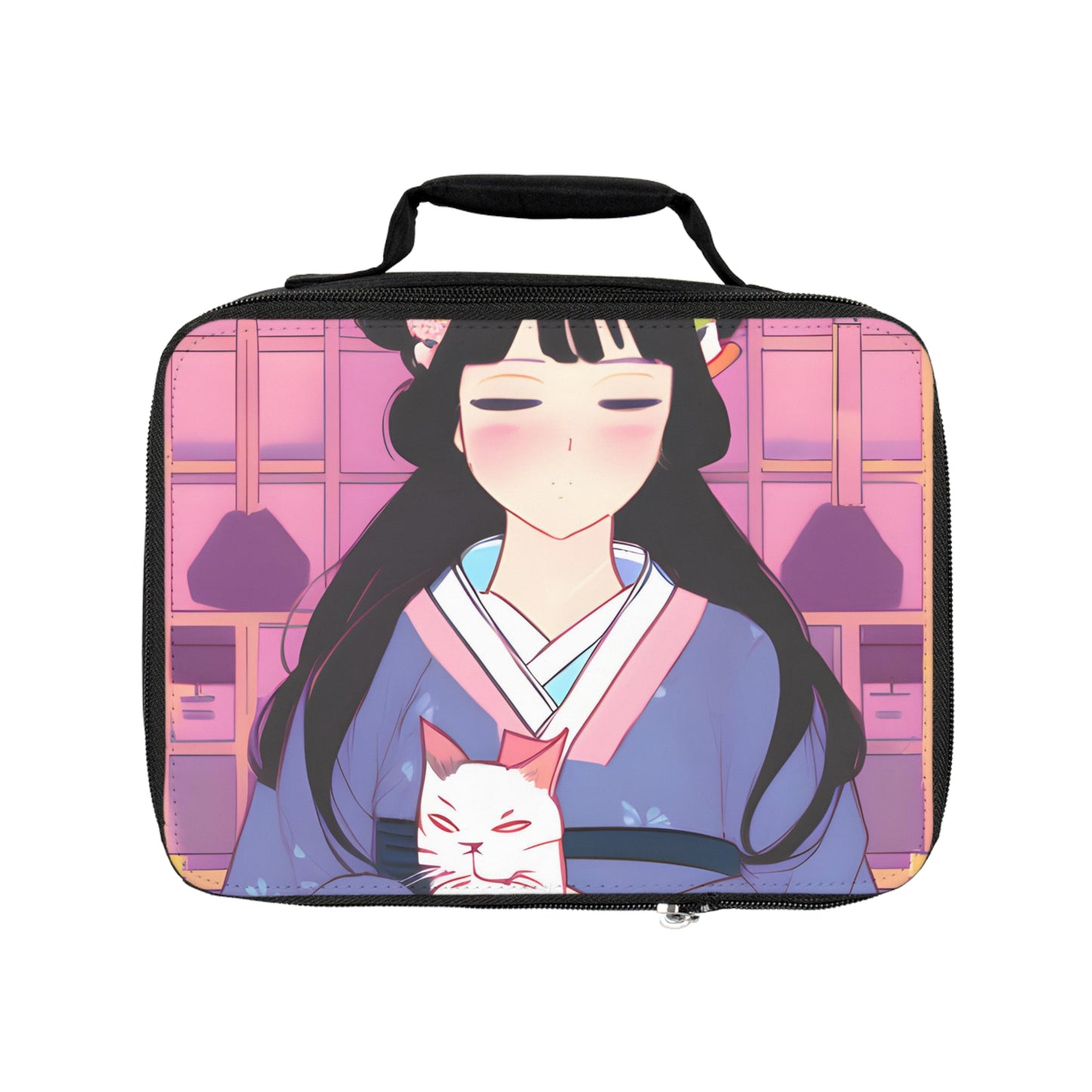 Anime Girl in Kimono and Cat Lunch Bag