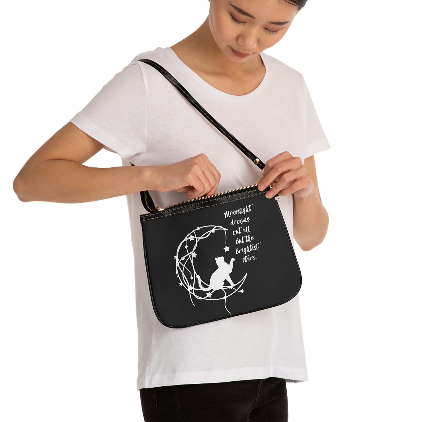 Cat and moon Small Shoulder Bag, aesthetic crossbody bag, celestial bag, cat lover gift, gift for her, dreamer gift, fantasy Small Bag