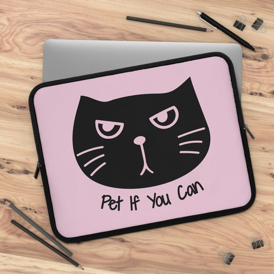 Black cat says Pet if you can pink Laptop Sleeve, funny cat laptop case, cute cat laptop bag, kawaii laptop sleeve, cute cat lover gift