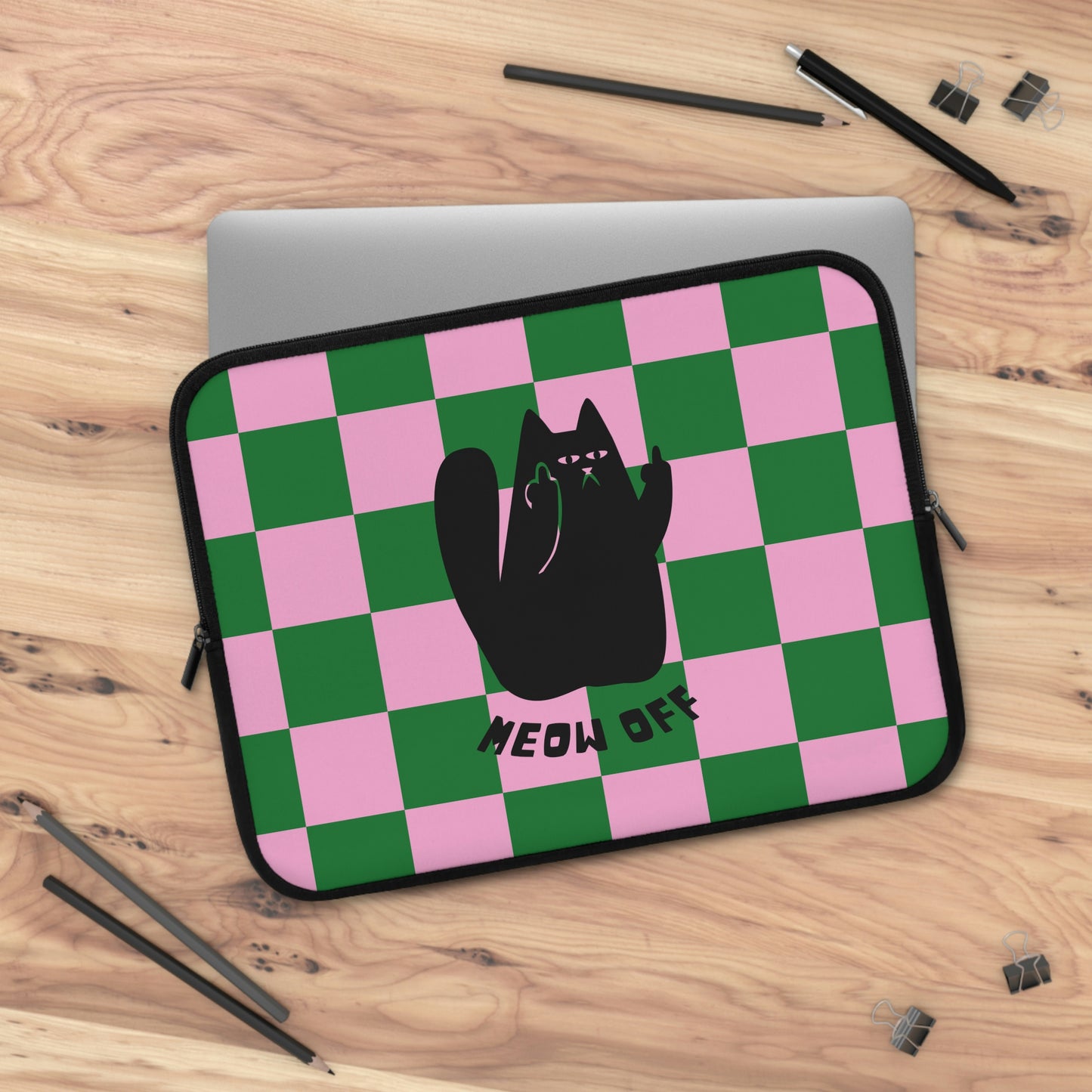 Checkered Funny Black Cat Laptop Sleeve