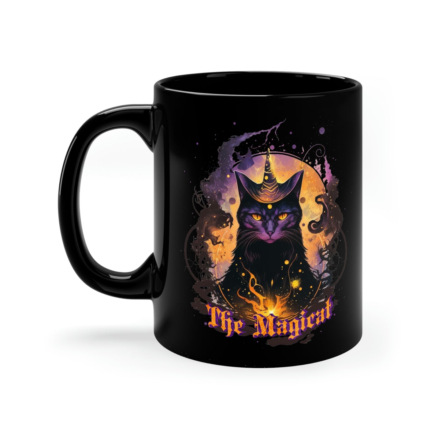 Magical black cat 11oz Black Mug, witchy cat familiar mug, celestial whimsical fantasy coffee mug, gothic cat mug, spiritual mystic tea cup