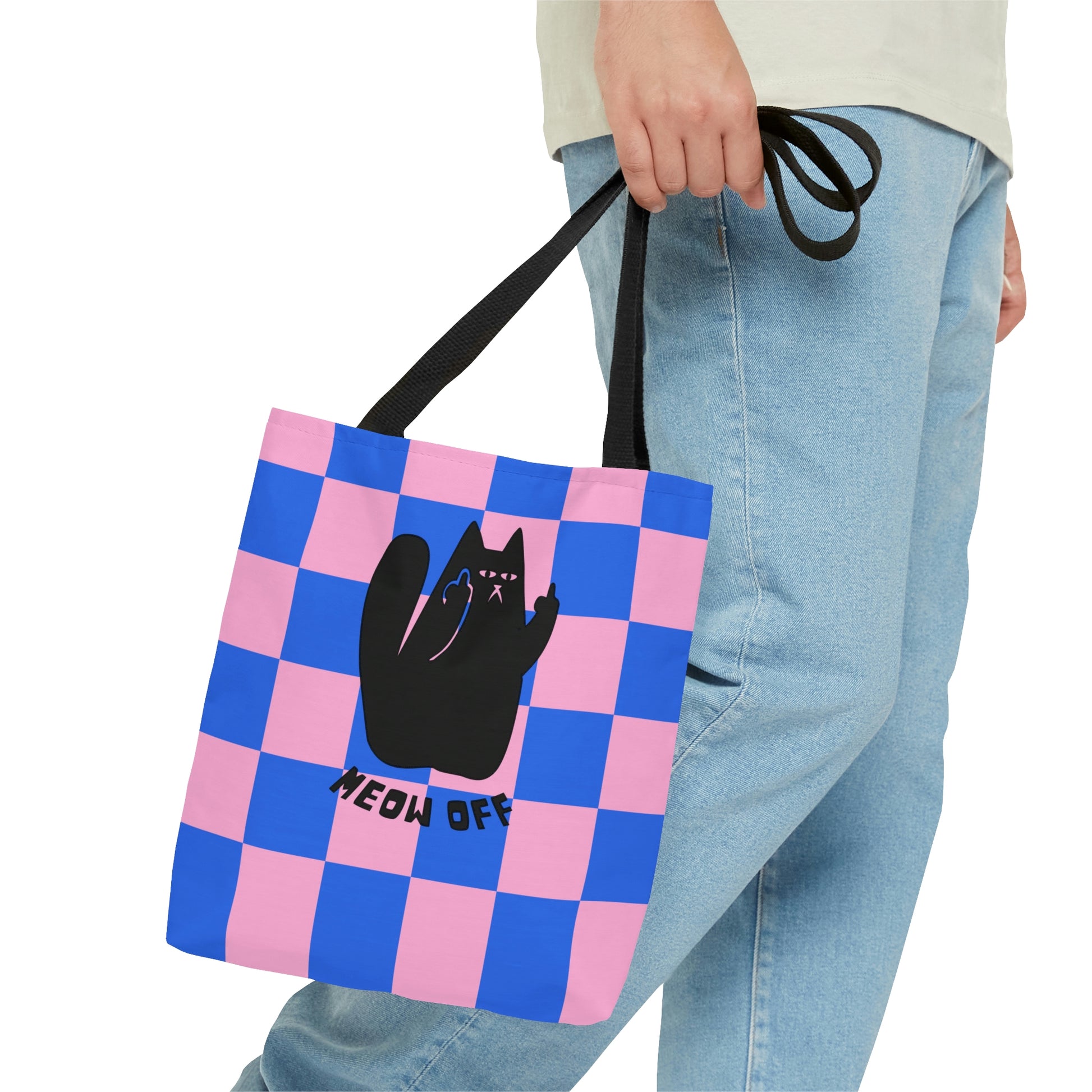 Checkered Funny cat tote bag, sarcastic cat tote bag, Black Cat middle finger says meow off tote bag, crazy cat lady shopping bag, cute bag