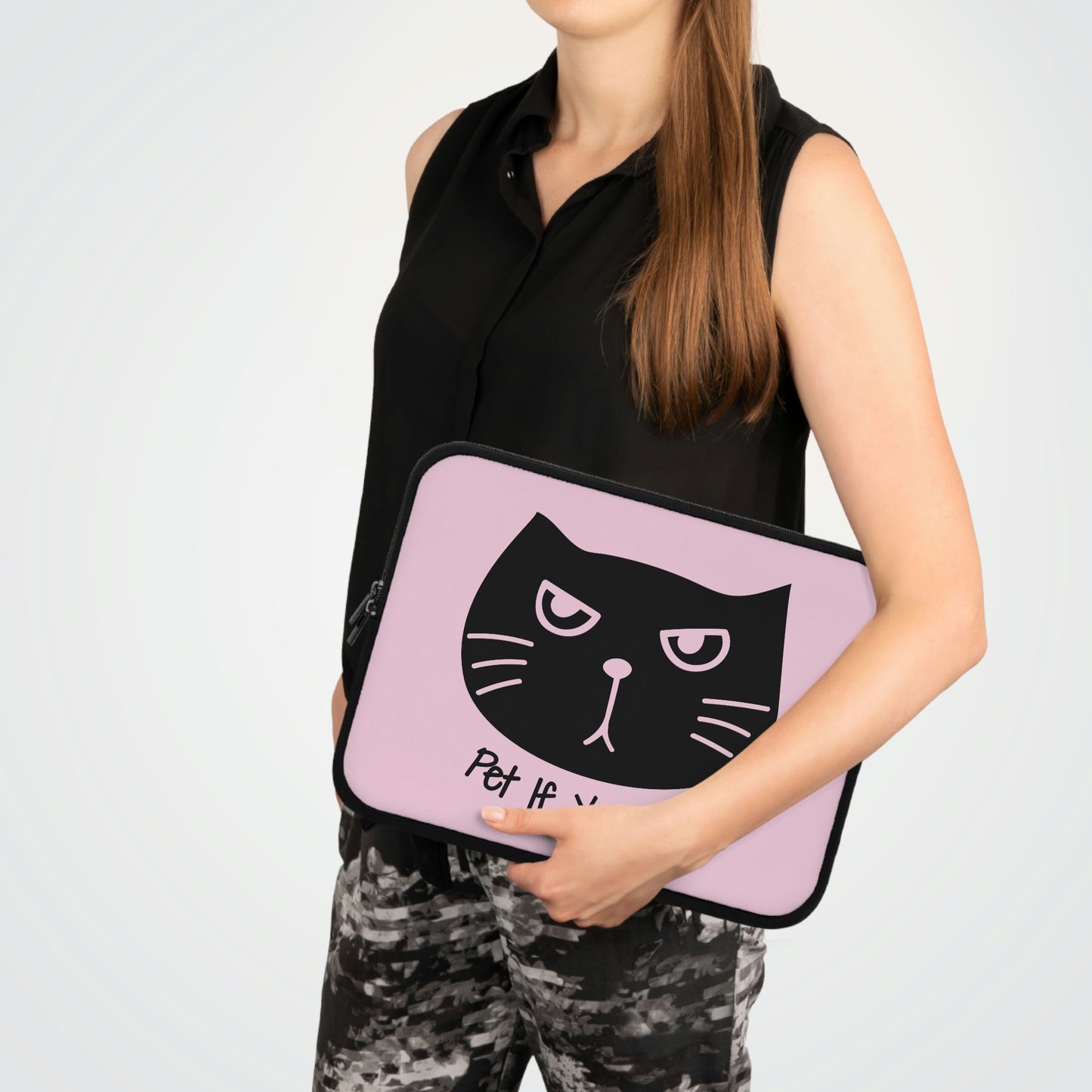 Black cat says Pet if you can pink Laptop Sleeve