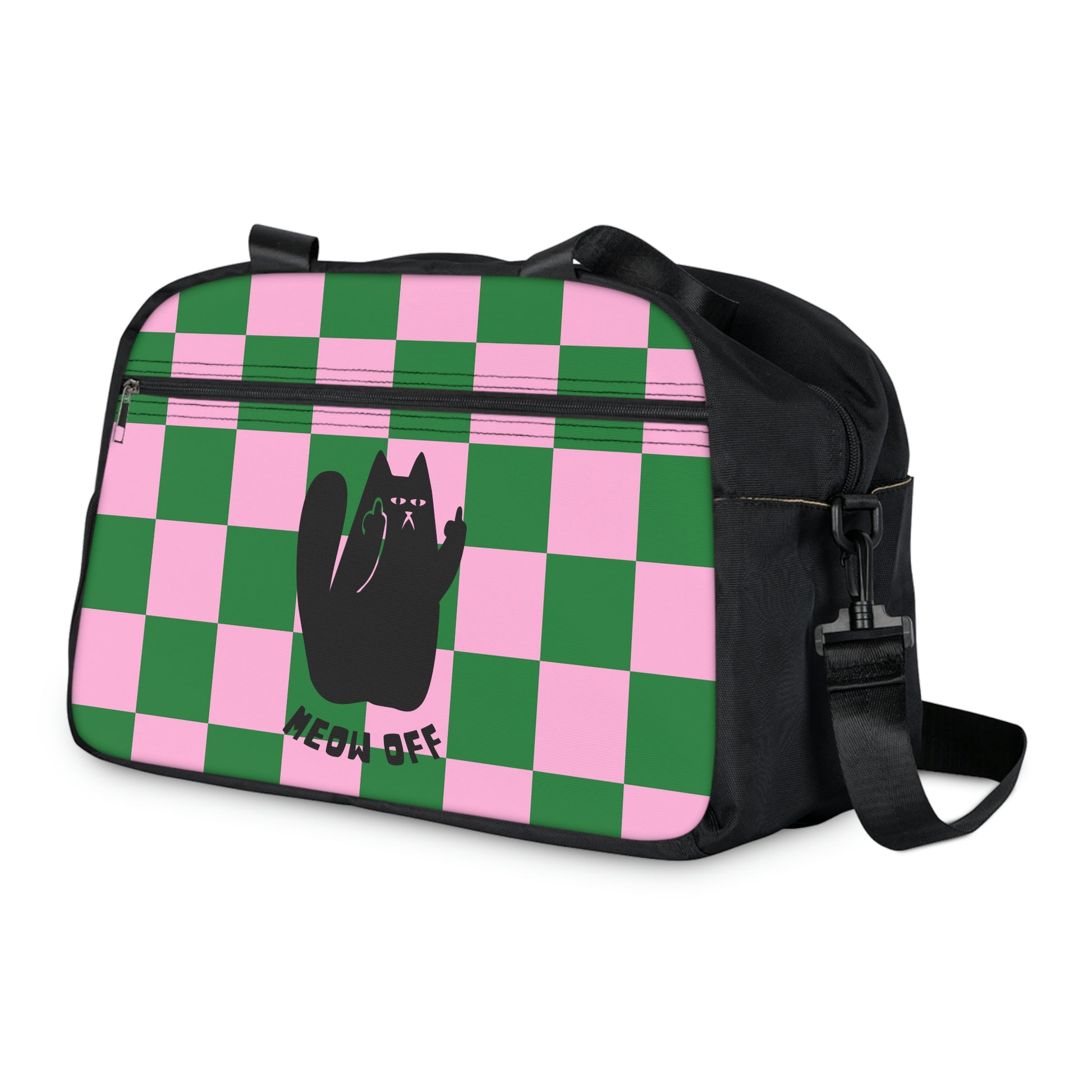 Checkered Funny cat Fitness Handbag, Black Cat pointing middle finger workout bag, gym bag, cat lover gift ,yoga bag, travel bag, sport bag