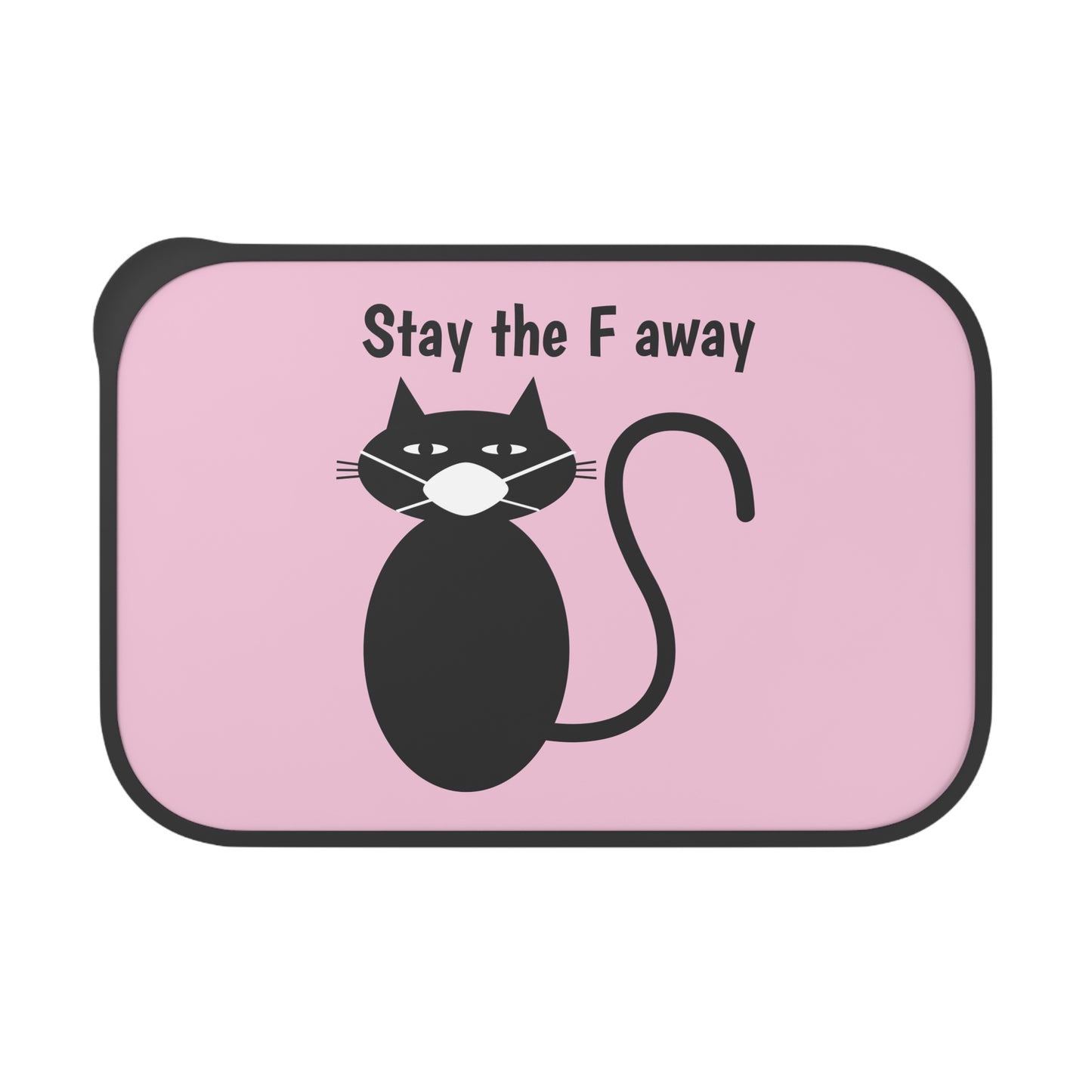 Black cat wearing mask says Stay the F away PLA Lunch Bento Box with Band and Utensils