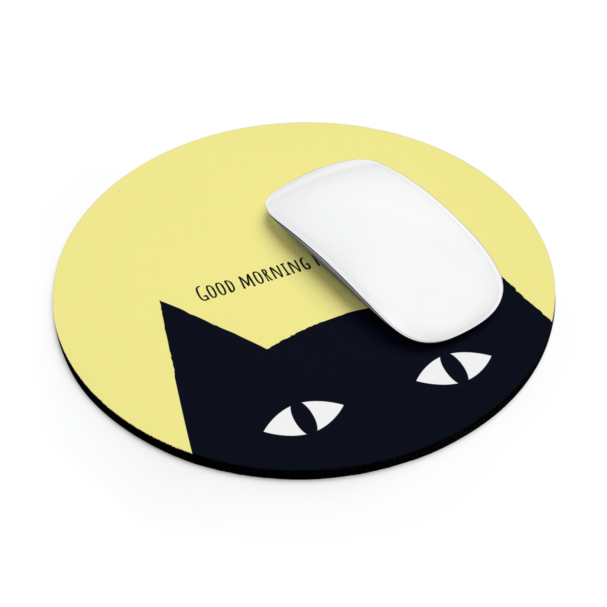 Black Cat says Good Morning Human yellow Mouse Pad, funny mouse pad, cat lover gift, cute mouse pad, desk accessories, coworker gift