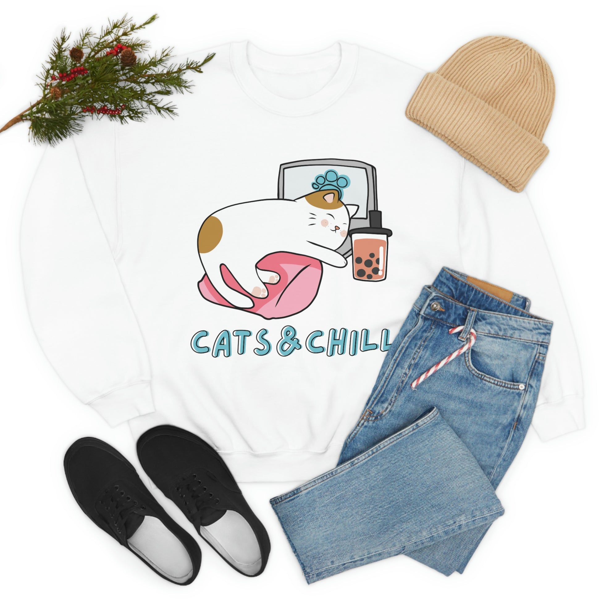 Cats and chill Crewneck Sweatshirt, cat lover gift, funny cat sweater, crazy cat lady jumper, cat owner gift, cat mom pullover cute cat gift