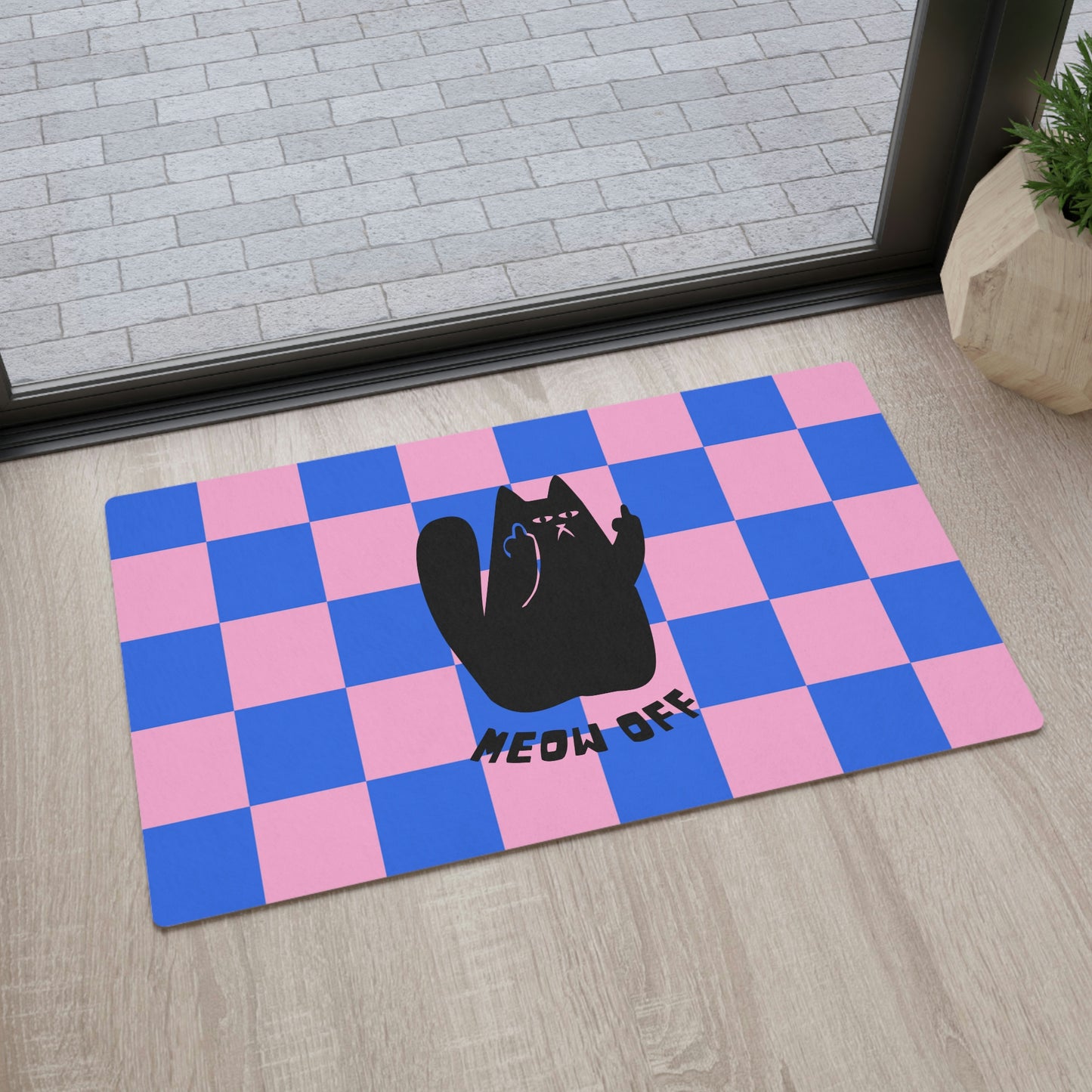 Checkered Funny cat Floor Mat