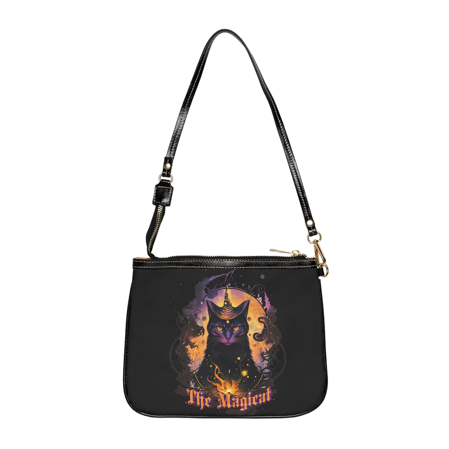 Magical black cat Small Shoulder Bag, witchy cat familiar bag, celestial whimsical bag, fantasy crossbody bag, gothic spiritual mystic bag