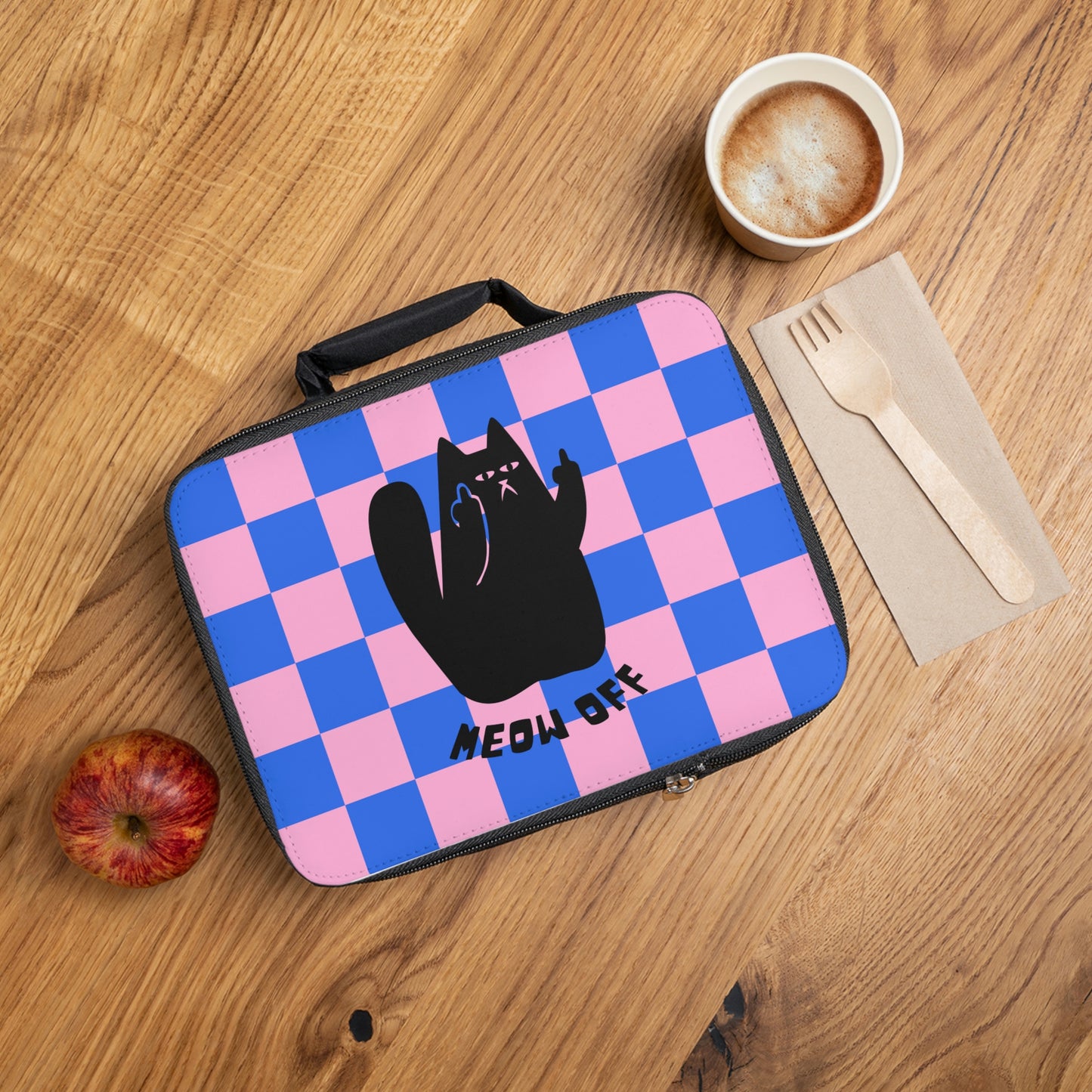 Checkered Funny cat Lunch Bag, cat lover gift, cute lunch bag, Black Cat middle finger says meow off lunch bag, lunch bag insulated cat