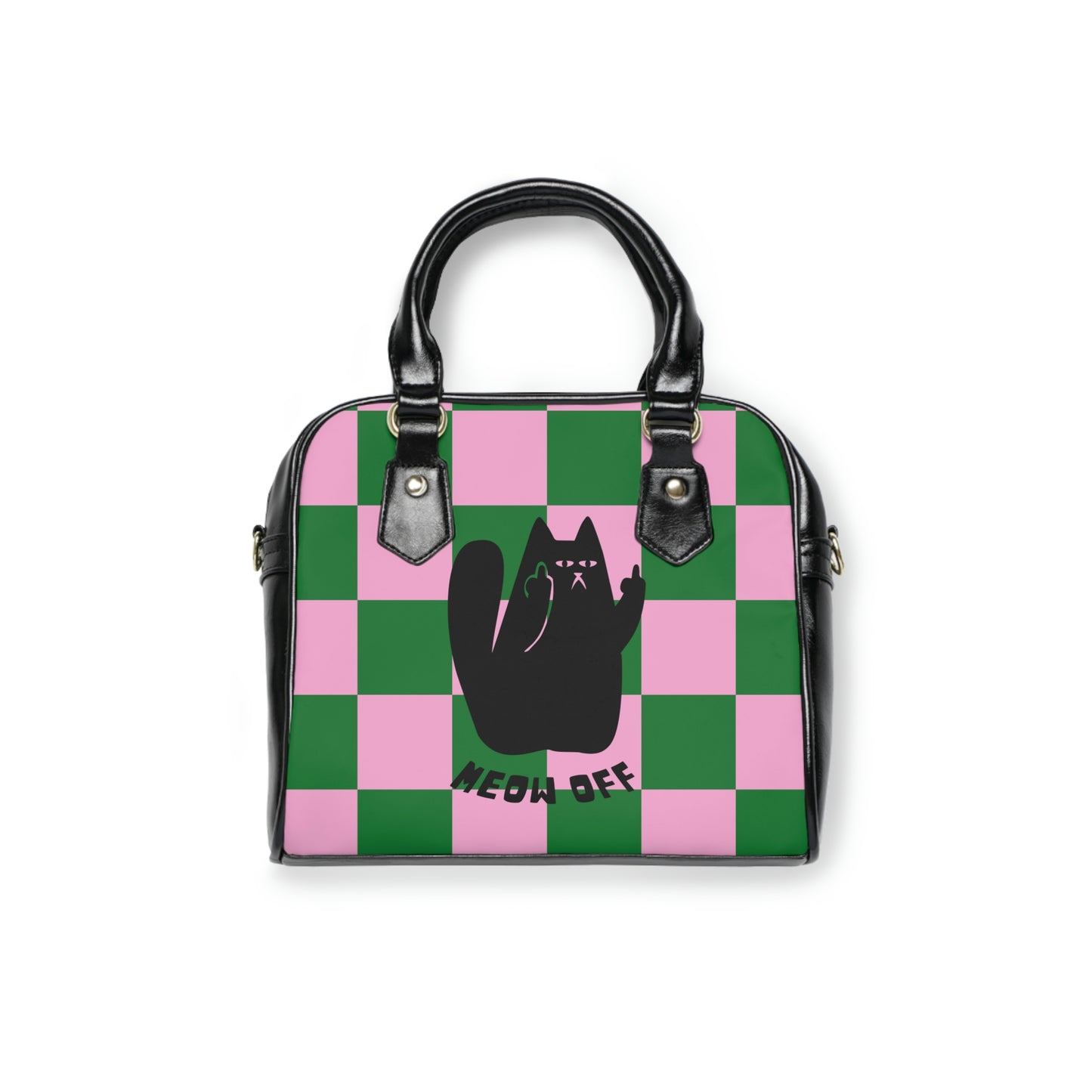 Checkered Funny cat Shoulder Handbag, Black Cat pointing middle finger shoulder bag, cat lover gift, cute PU leather handbag, crossbody bag