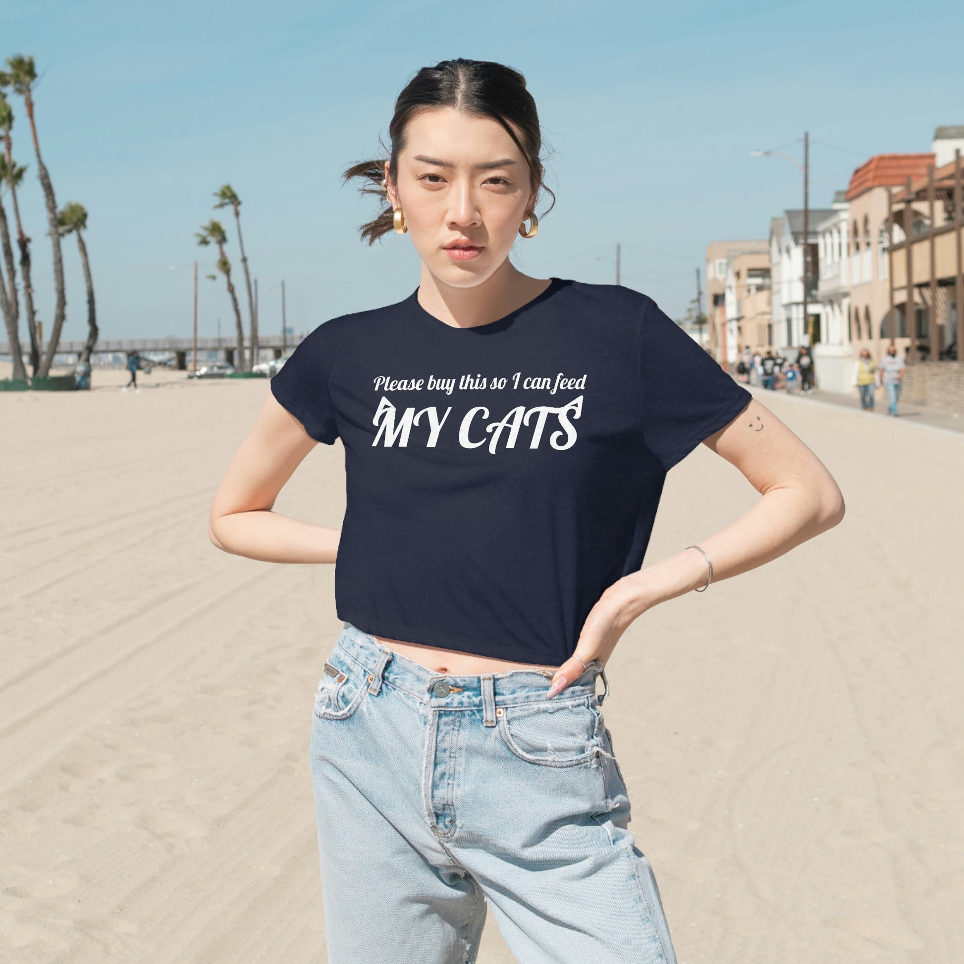 Please buy this so I can feed my cats Women's Flowy Cropped Tee, Funny cat quote cropped top, cute cat cropped top, kawaii cat crop top