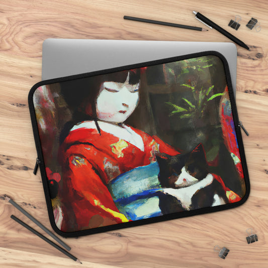 Geisha and cat Laptop Sleeve, maiko and cat laptop case, Japanese feudal art macbook sleeve, Asian-inspired art Laptop Sleeve, cat mom gift