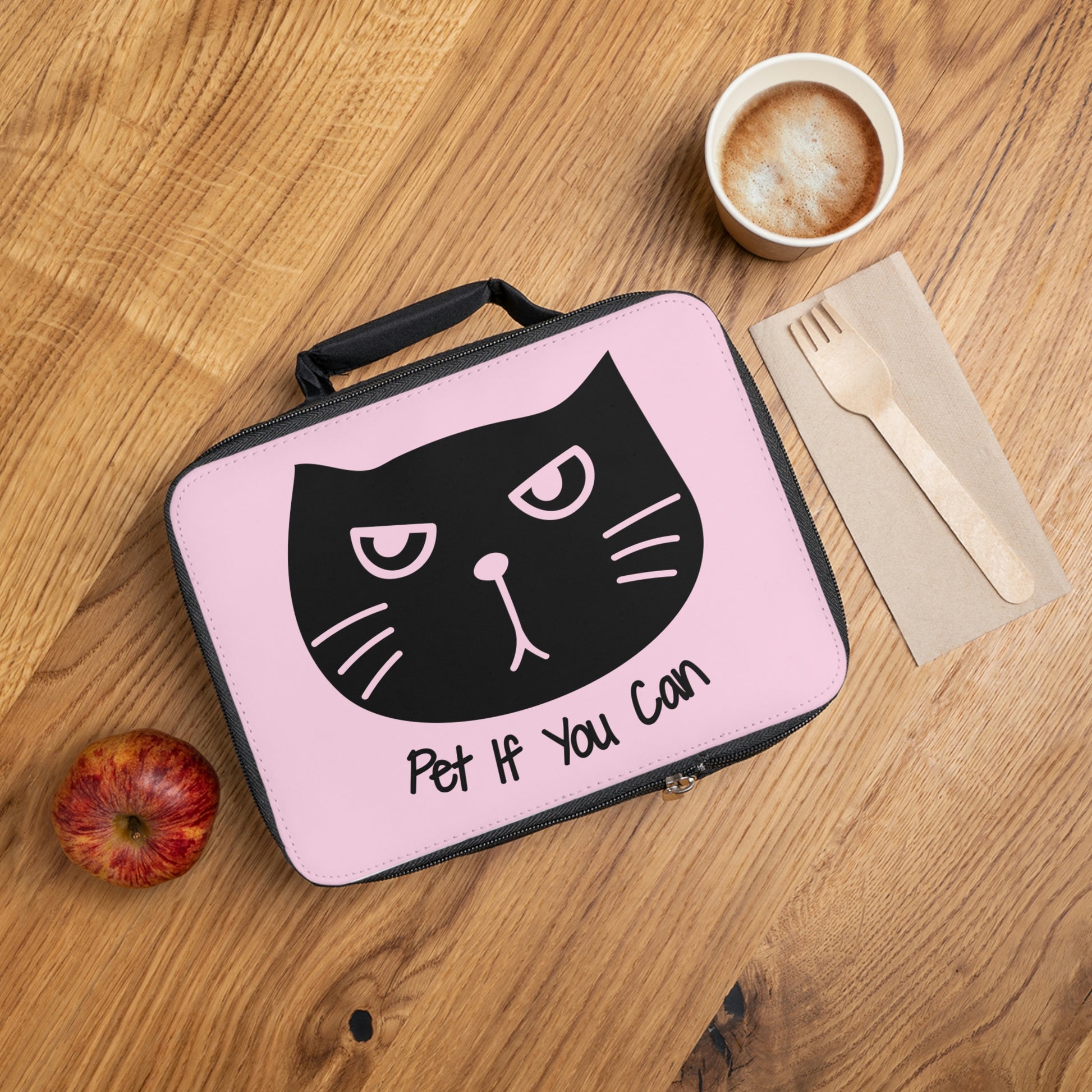 Funny cat pink Lunch Bag, Black cat says "Pet if you can" pink Lunch Bag, kawaii cute cat lunch tote, cat lovers gift, back to school