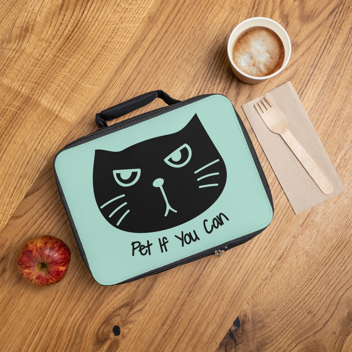 Funny cat lunch bag, cute kawaii cat lunch tote, Black cat says Pet if you can Lunch Bag